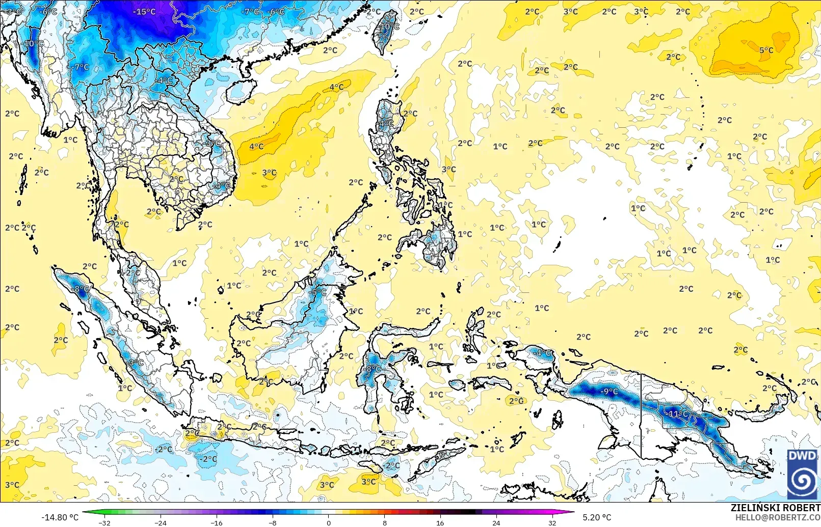 ICON modelo - Sudeste Asiático, Anomalía de temperatura a 850 hPa