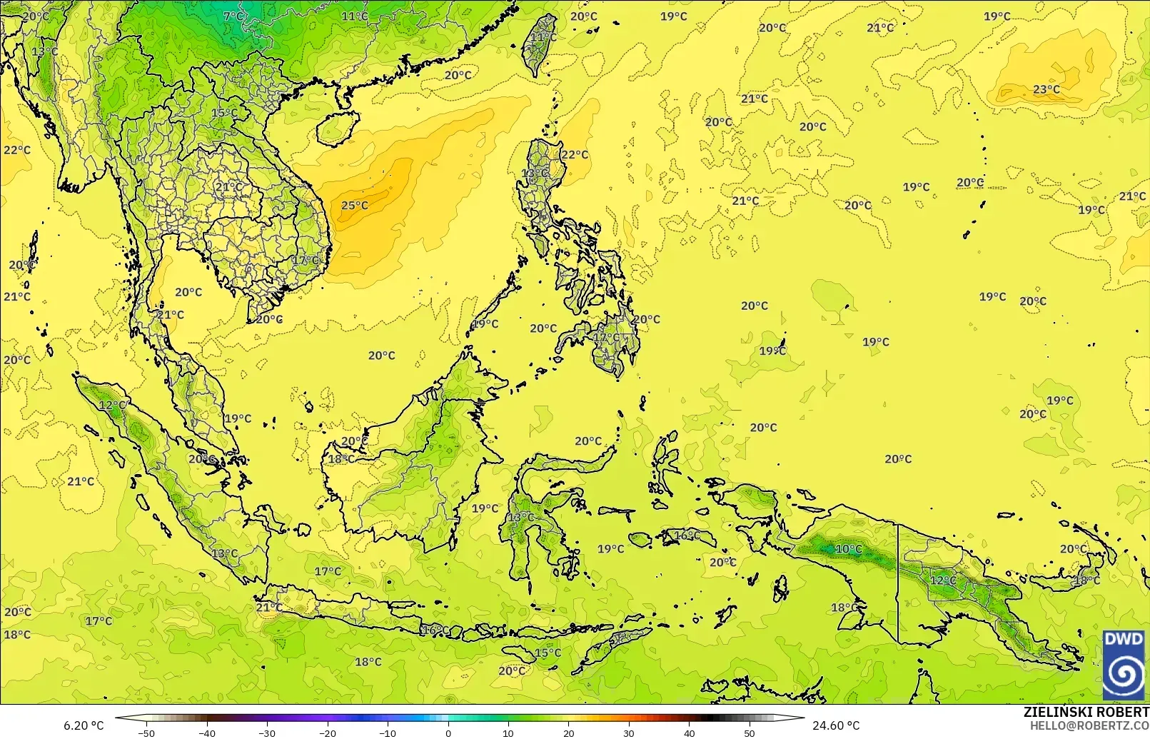 ICON modelo - Sudeste Asiático, Temperatura a 850 hPa