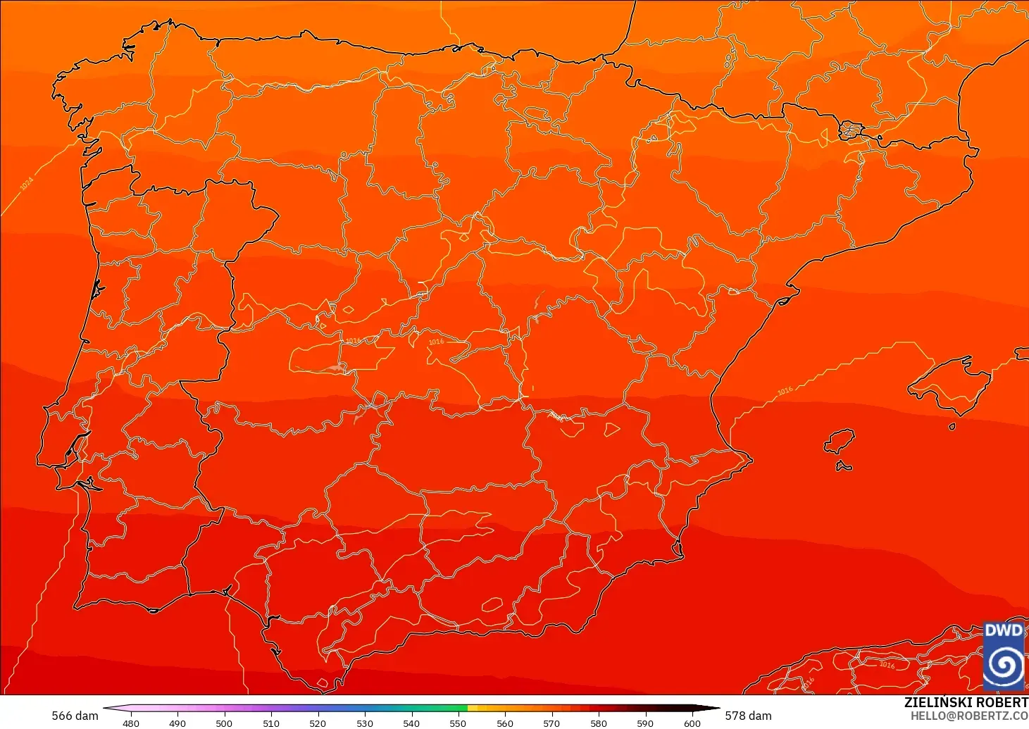 ICON modelo - España, Altura geopotencial a 500 hPa