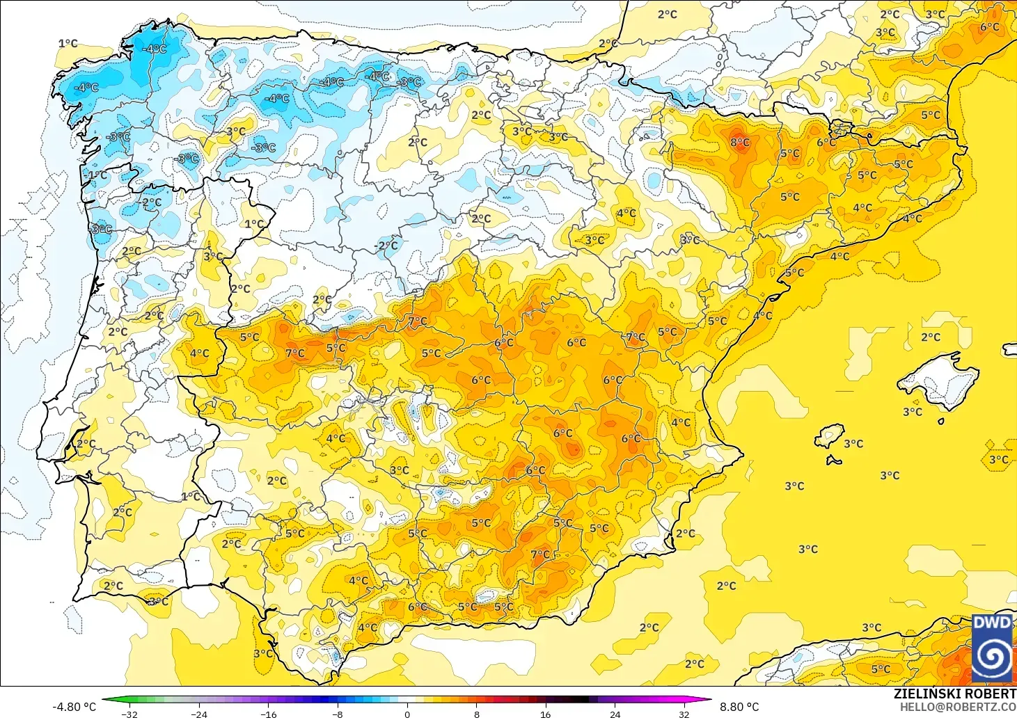 ICON modelo - España, Anomalía de temperatura a 2 m
