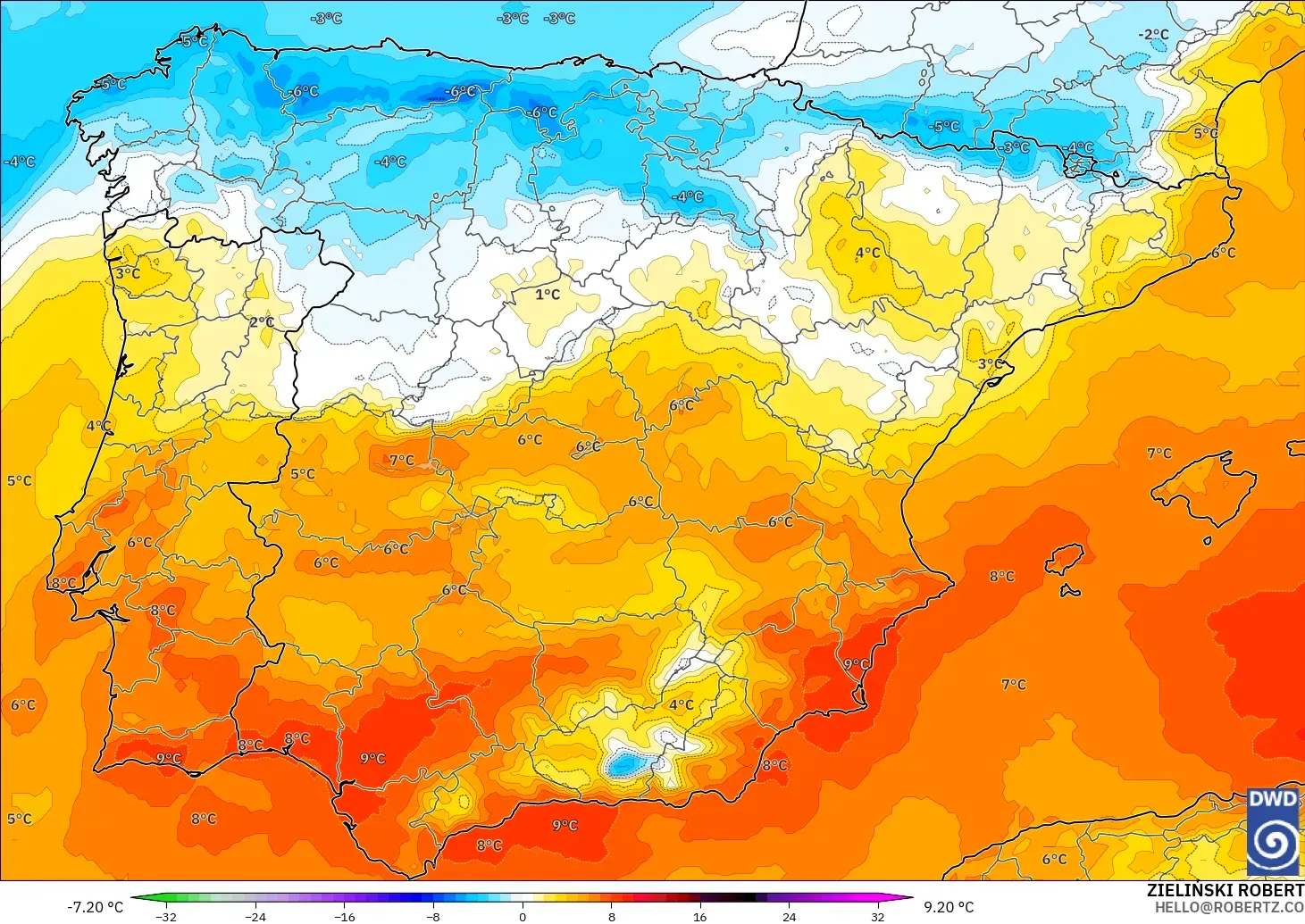 ICON modelo - España, Anomalía de temperatura a 850 hPa