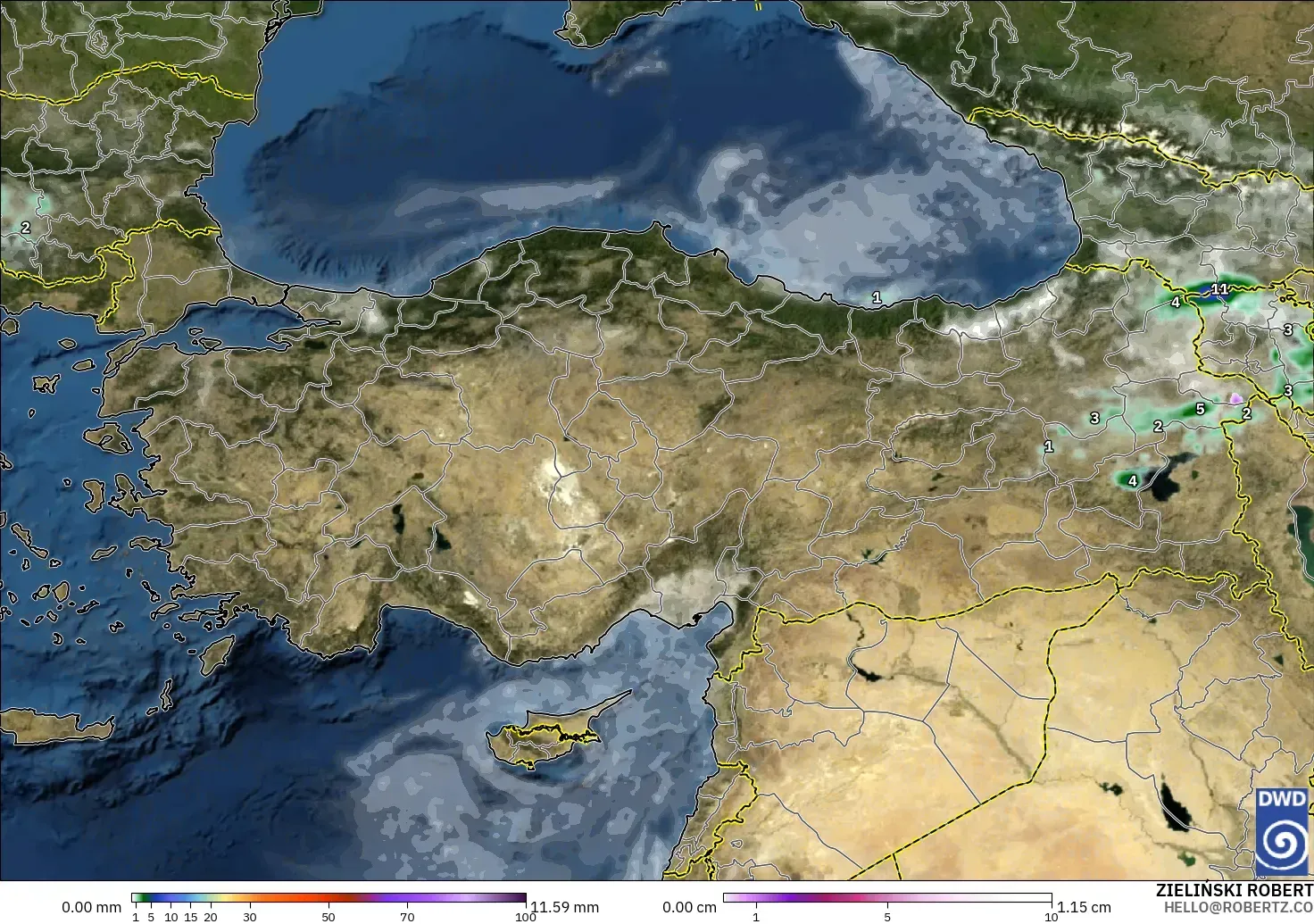 ICON modelo - Turquía, Precipitación, nubes y presión