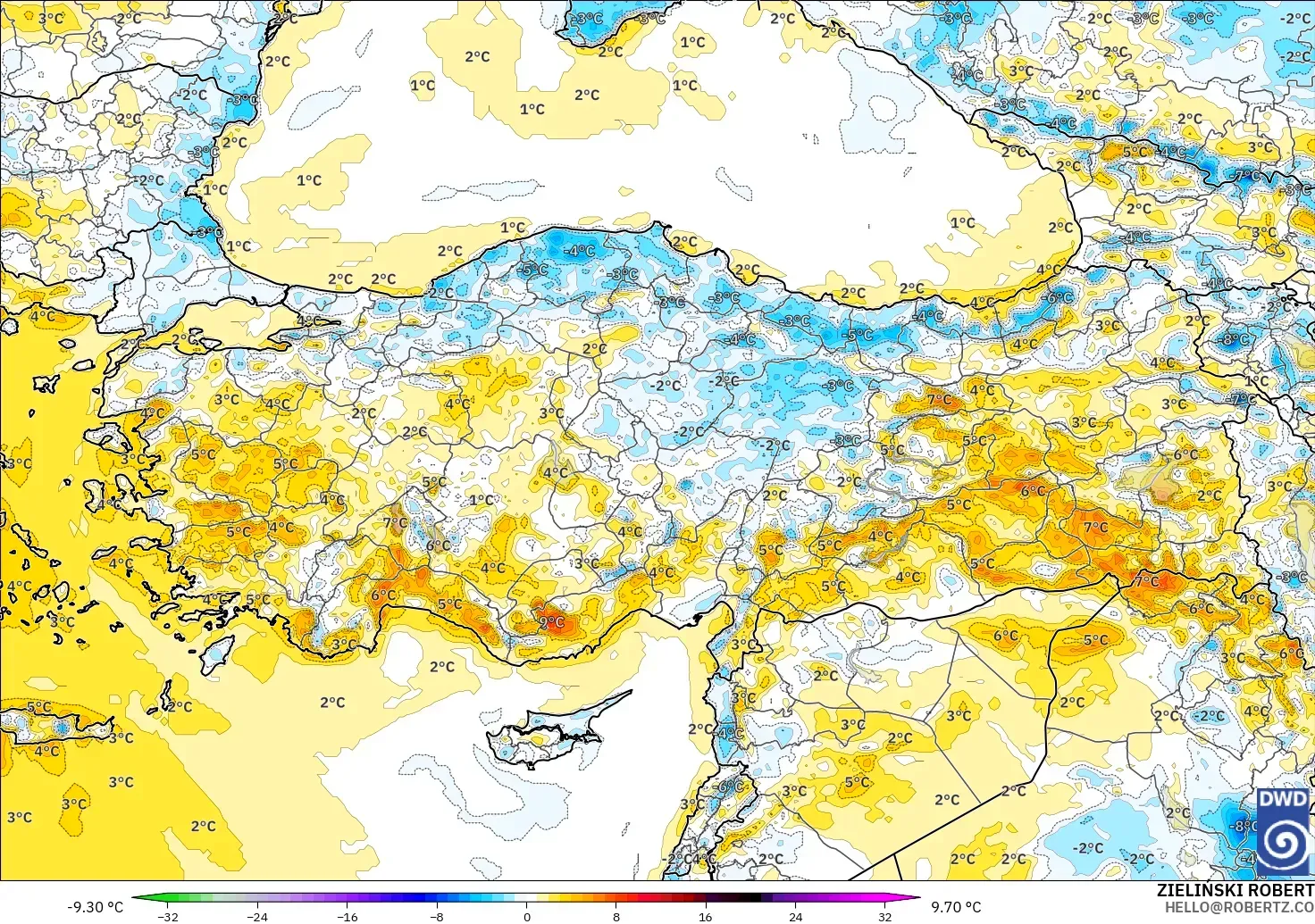 ICON modelo - Turquía, Anomalía de temperatura a 2 m