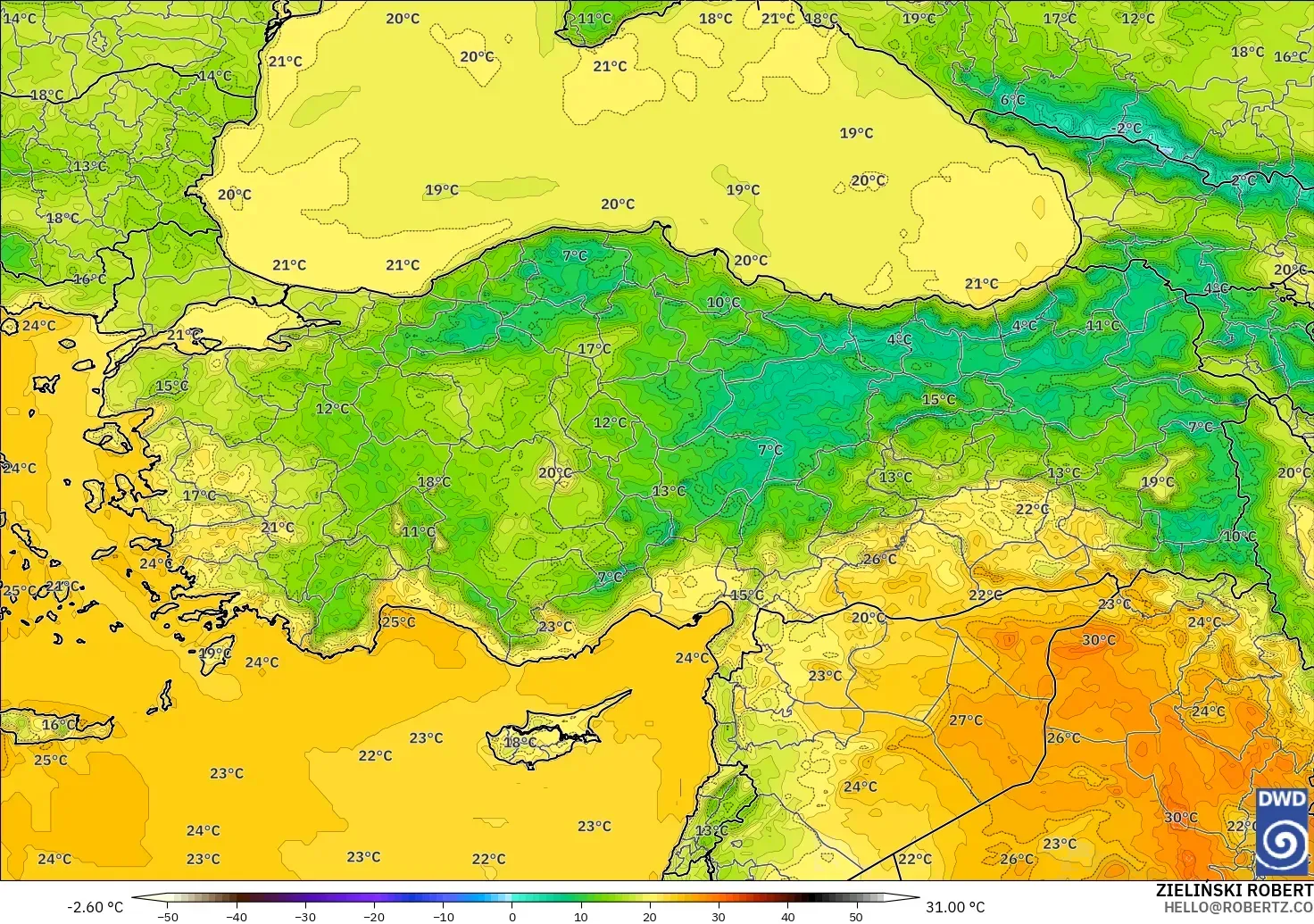 ICON modelo - Turquía, Temperatura a 2 m