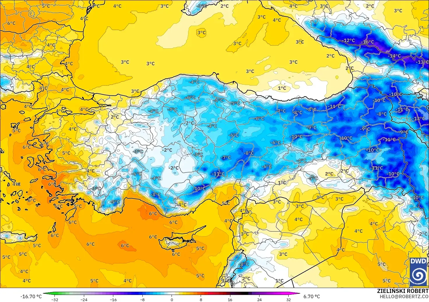 ICON modelo - Turquía, Anomalía de temperatura a 850 hPa