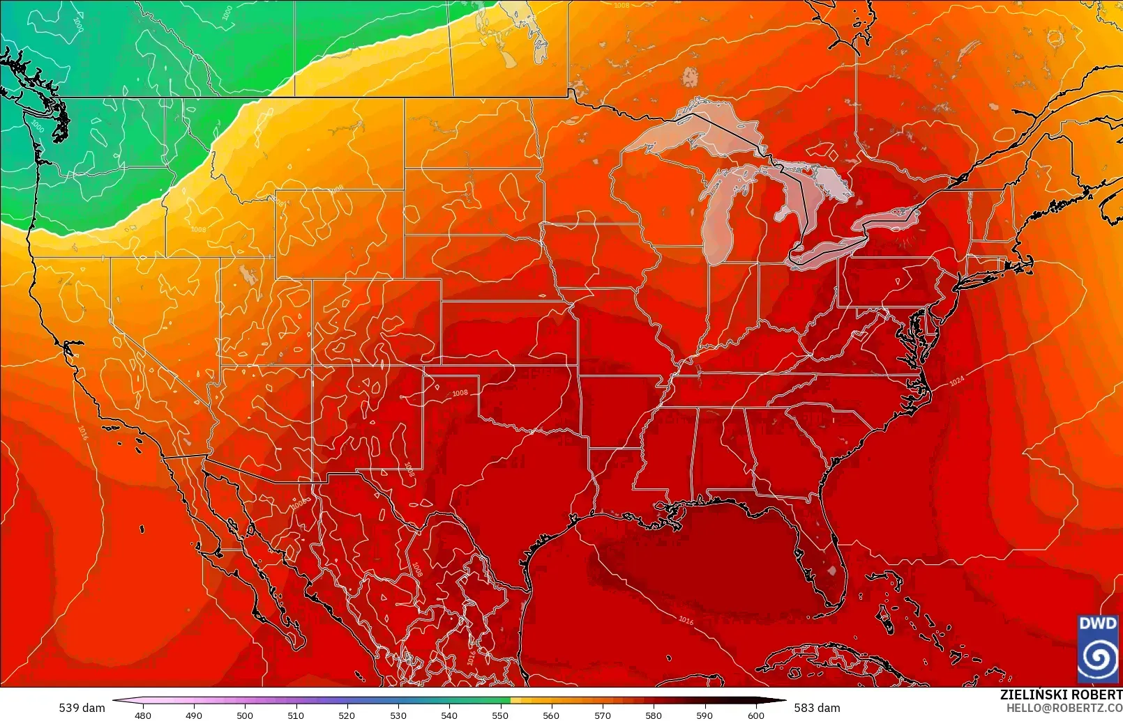 ICON modelo - Estados Unidos, Altura geopotencial a 500 hPa
