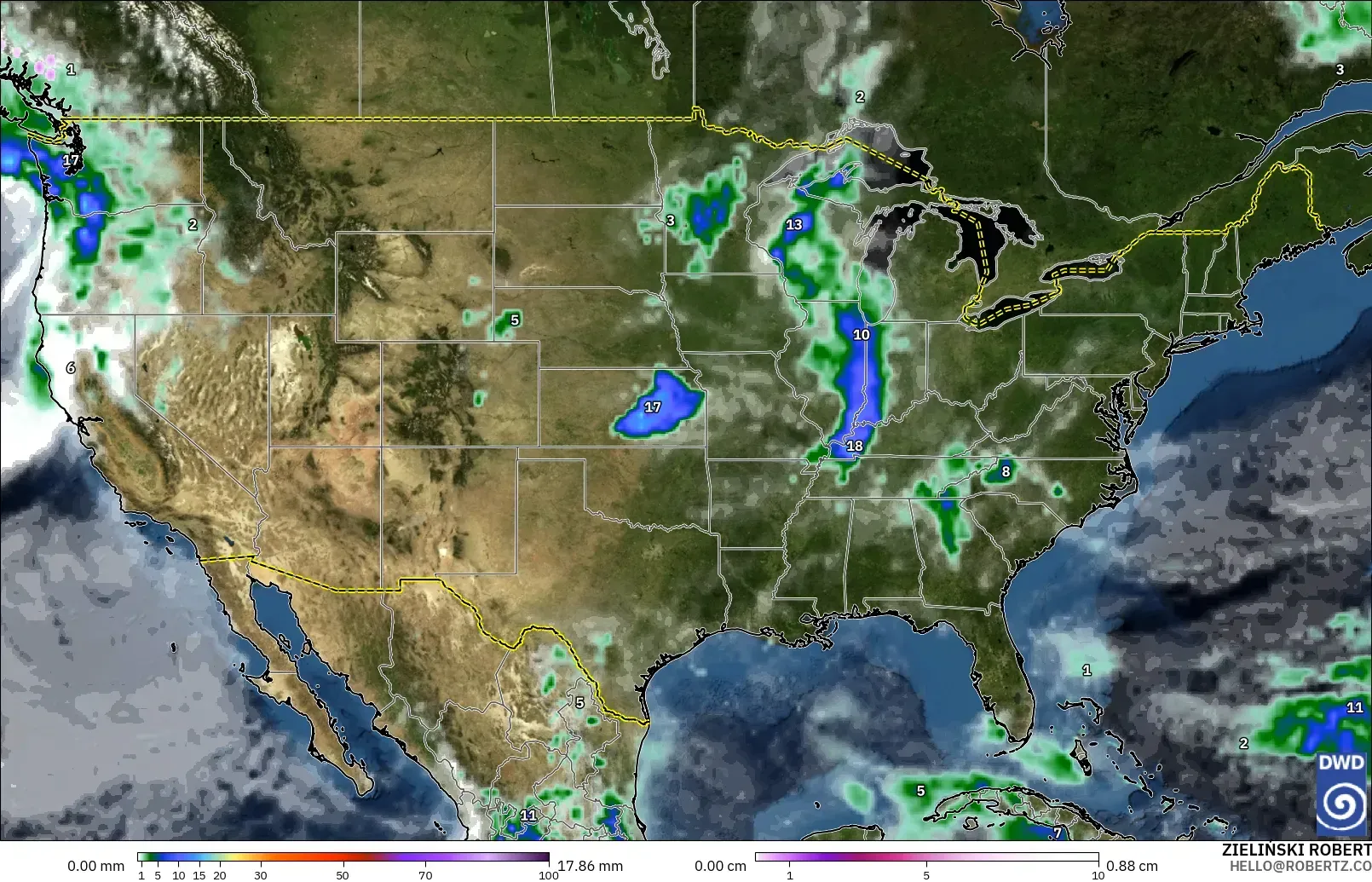 ICON modelo - Estados Unidos, Precipitación, nubes y presión