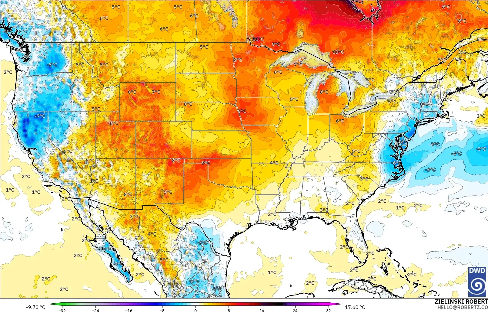 ICON modelo - Estados Unidos, Anomalía de temperatura a 2 m