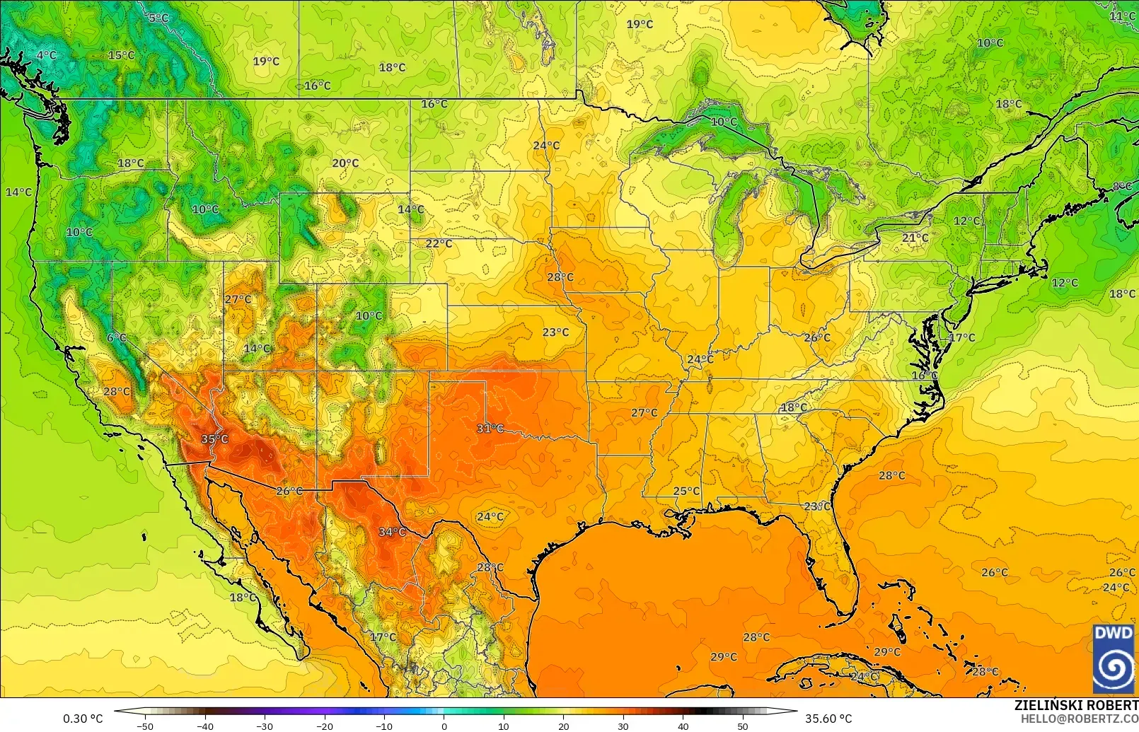 ICON modelo - Estados Unidos, Temperatura a 2 m