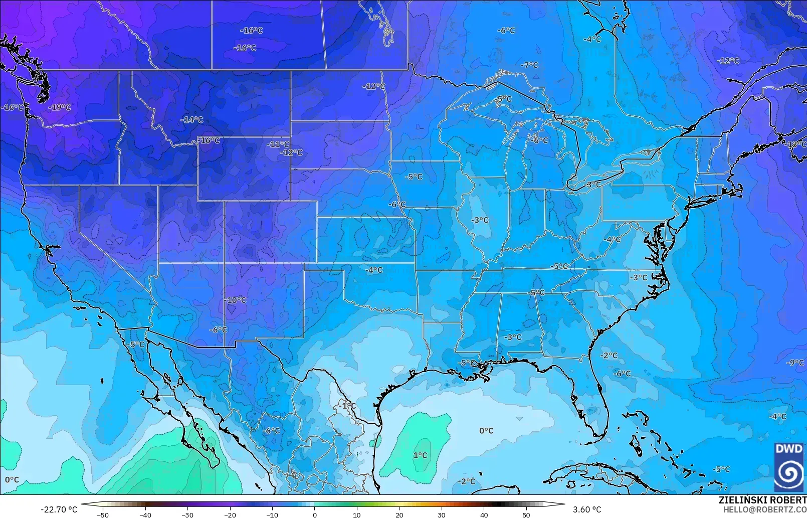 ICON modelo - Estados Unidos, Temperatura a 500 hPa