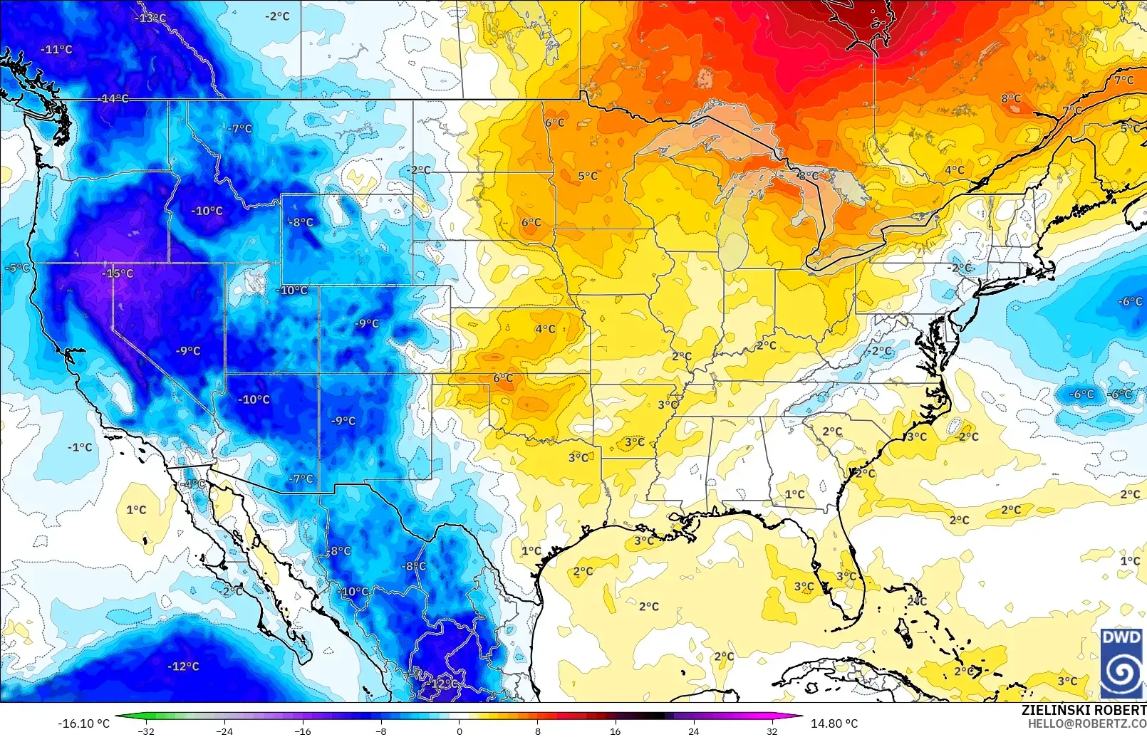 ICON modelo - Estados Unidos, Anomalía de temperatura a 850 hPa