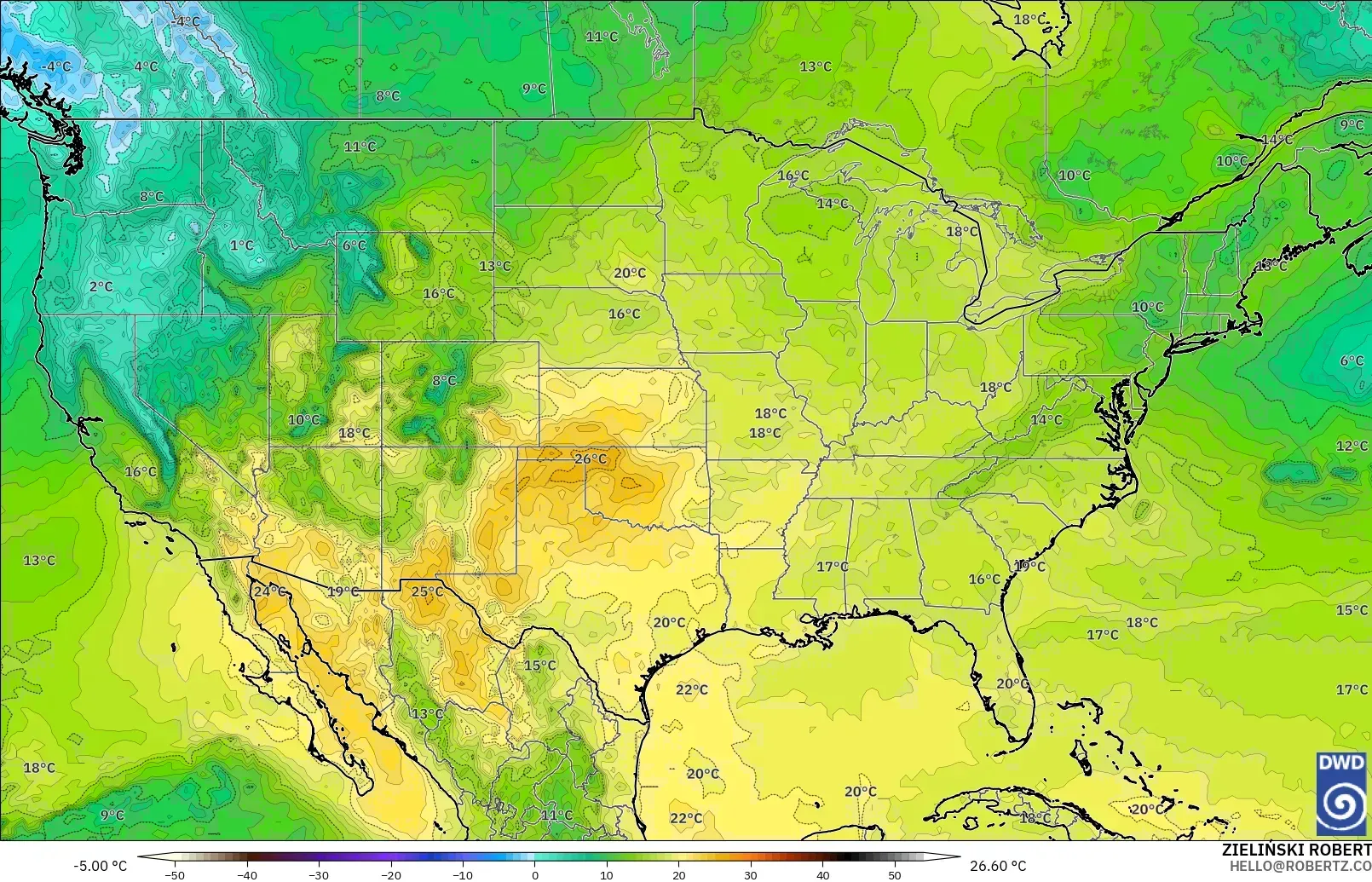 ICON modelo - Estados Unidos, Temperatura a 850 hPa