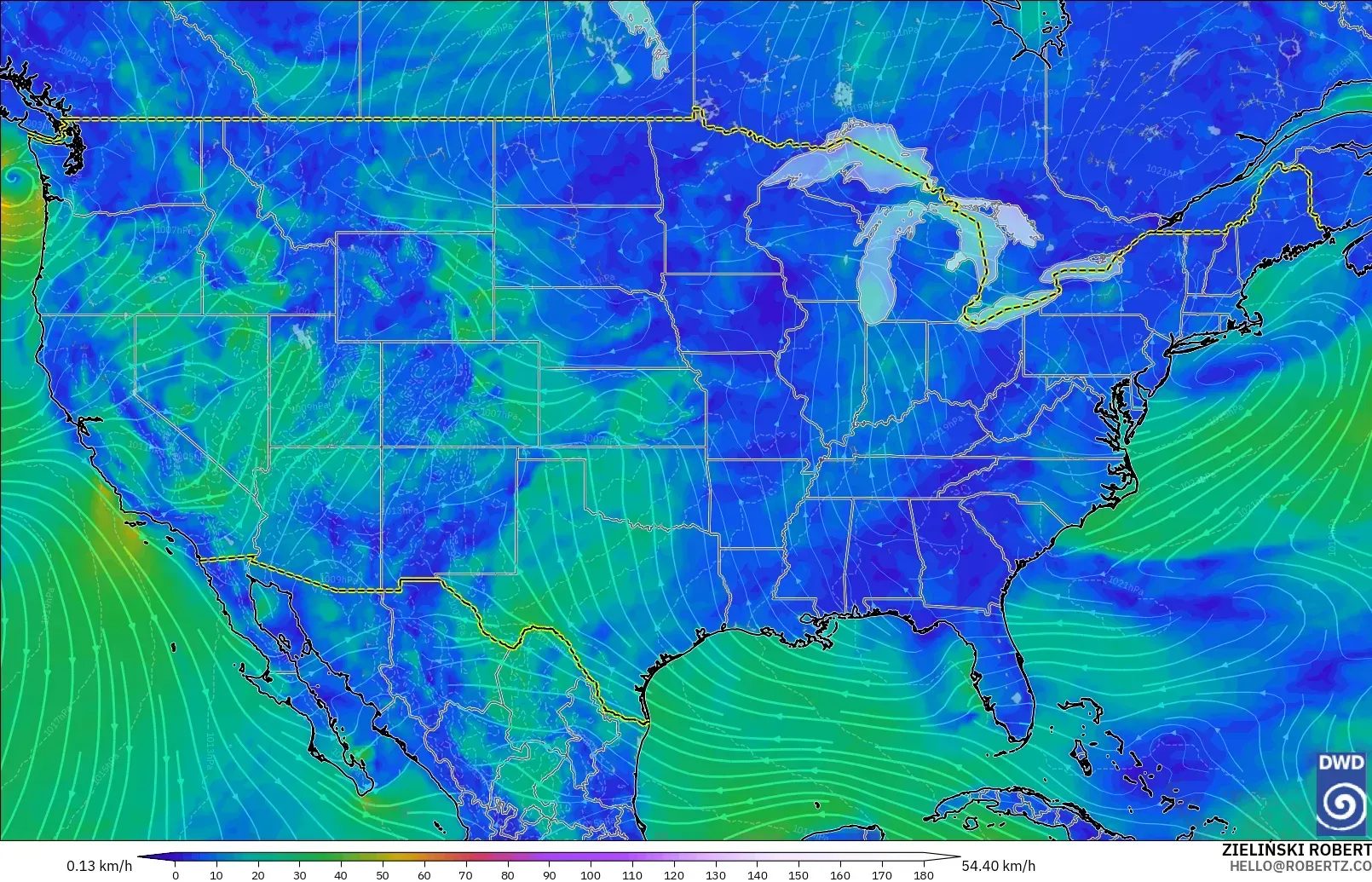 ICON modelo - Estados Unidos, Viento a 10 m