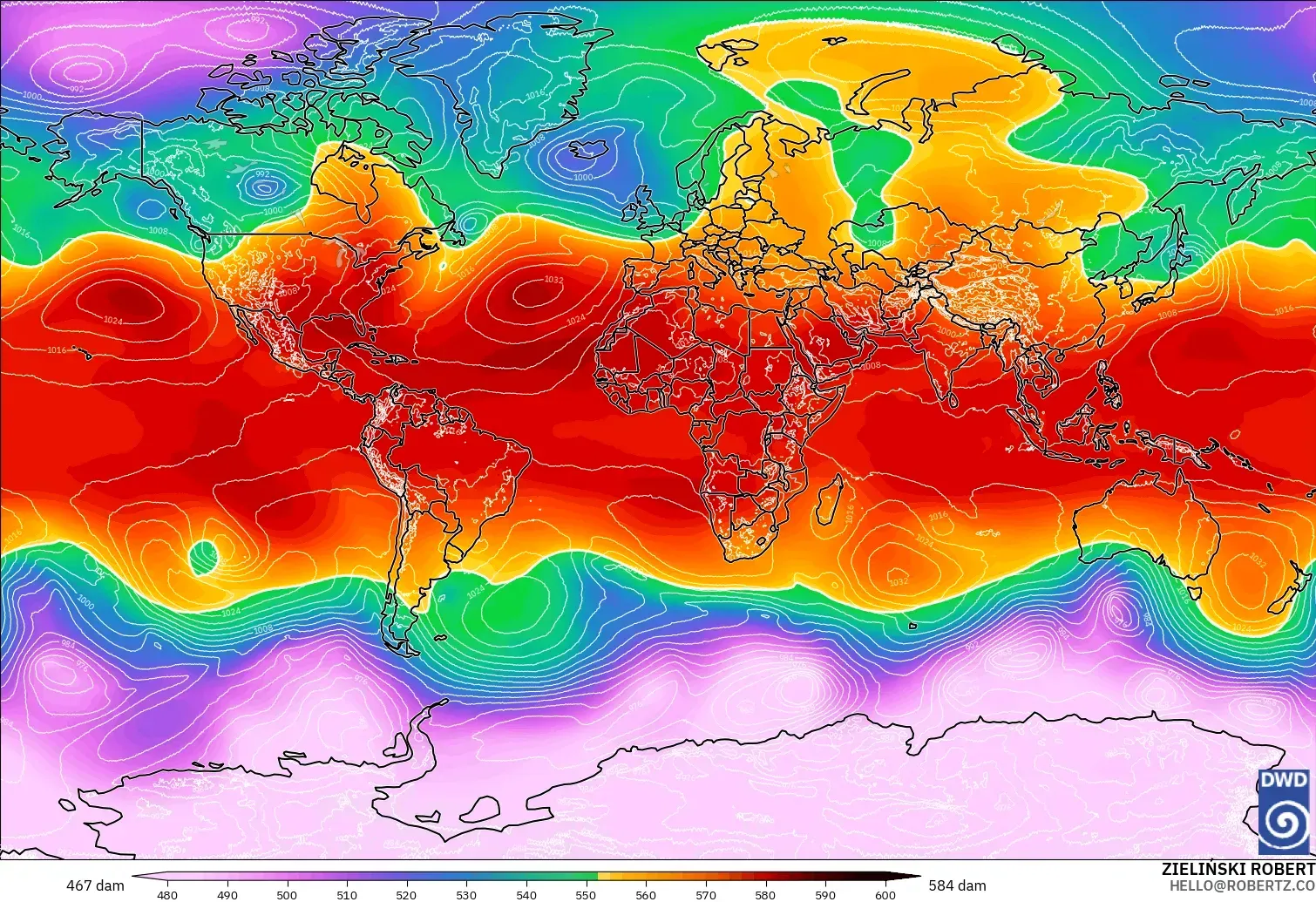 ICON modelo - Mundo, Altura geopotencial a 500 hPa