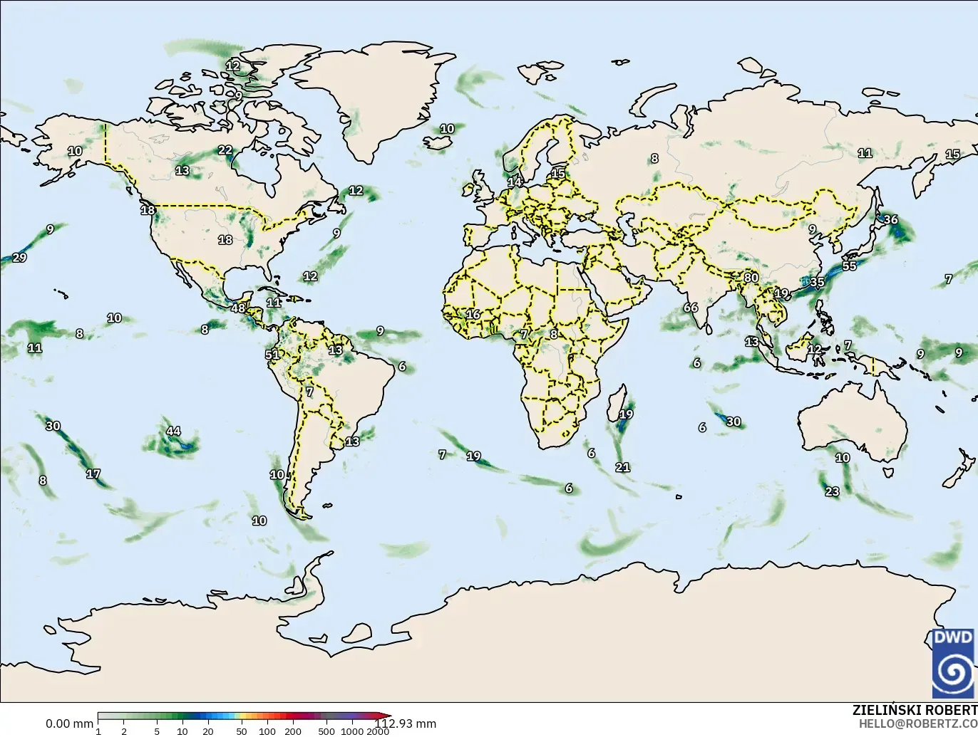 ICON modelo - Mundo, Acumulación de precipitación