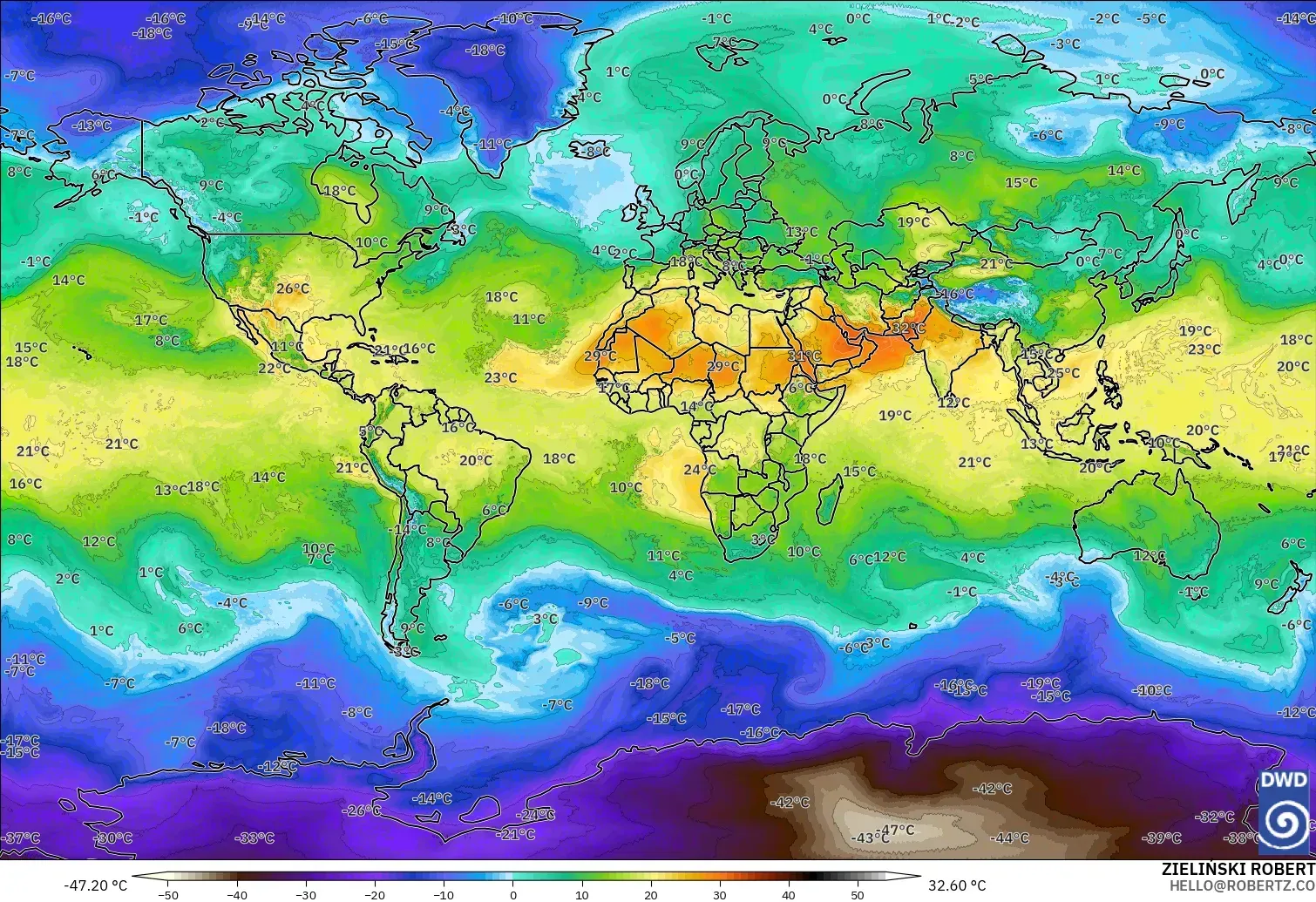 ICON modelo - Mundo, Temperatura a 850 hPa