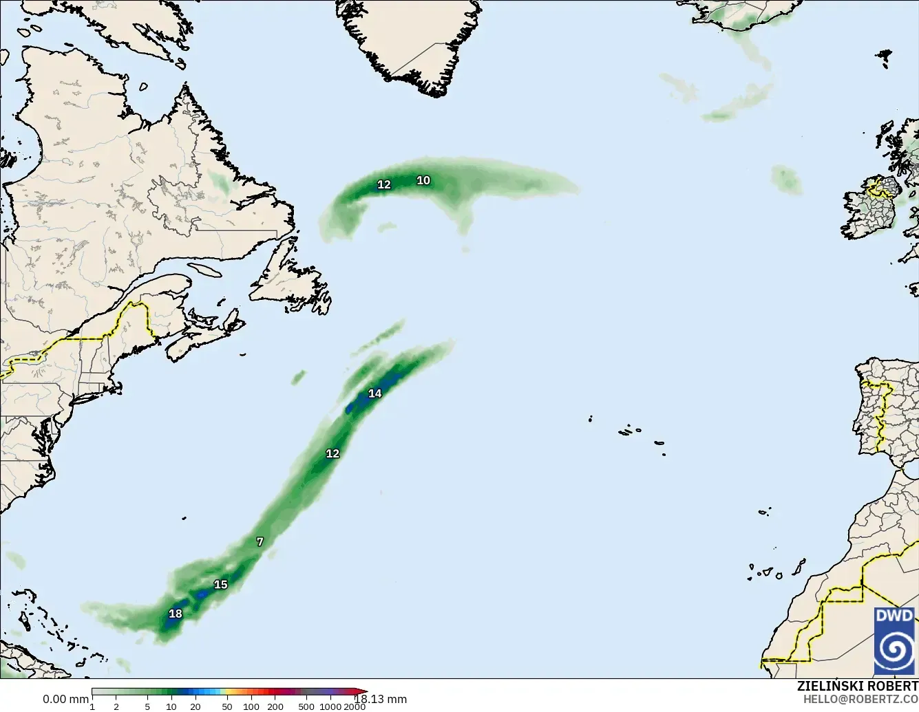 ICON modelo - Norte Atlántico, Acumulación de precipitación