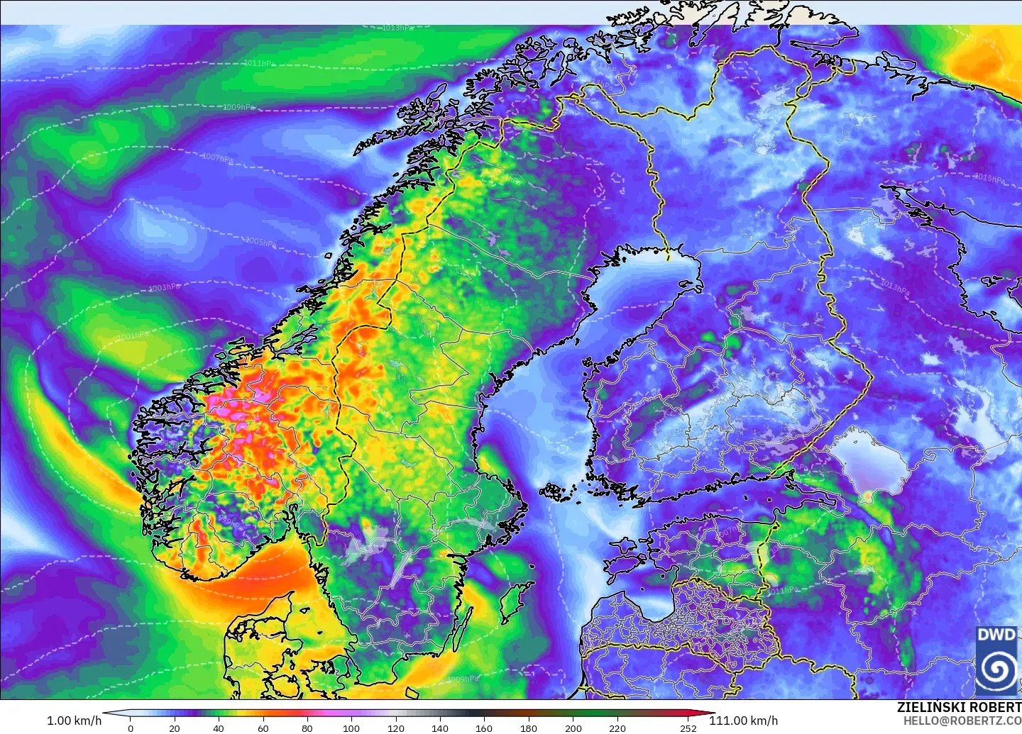 ICON modelo - Escandinavia, Ráfagas de Viento Máximas