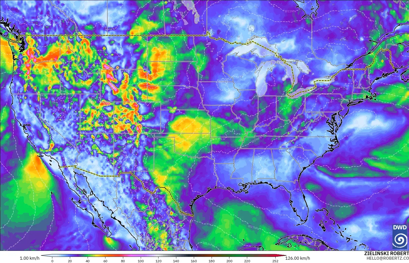 ICON modelo - Estados Unidos, Ráfagas de Viento Máximas