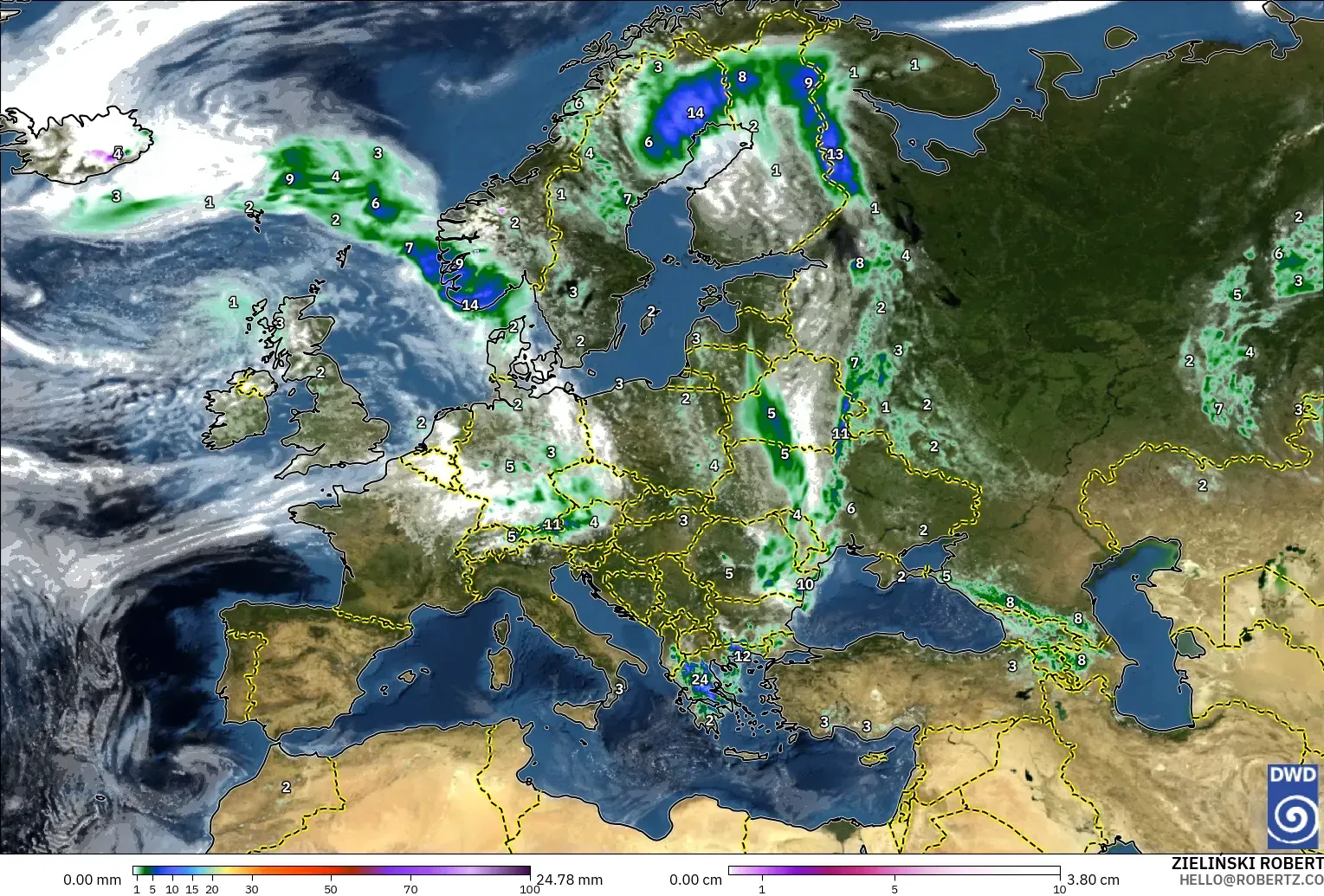 ICON modelo - Europa, Precipitación, nubes y presión