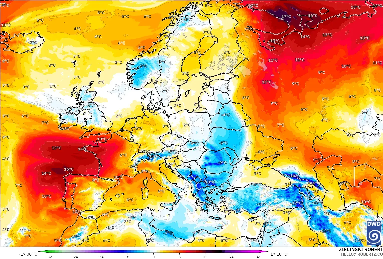 ICON modelo - Europa, Anomalía de temperatura a 850 hPa