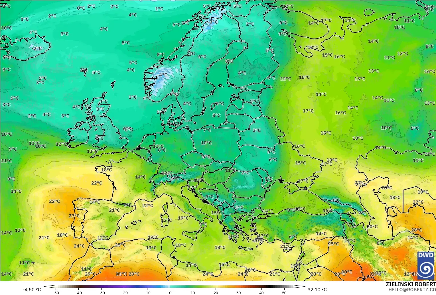ICON modelo - Europa, Temperatura a 850 hPa
