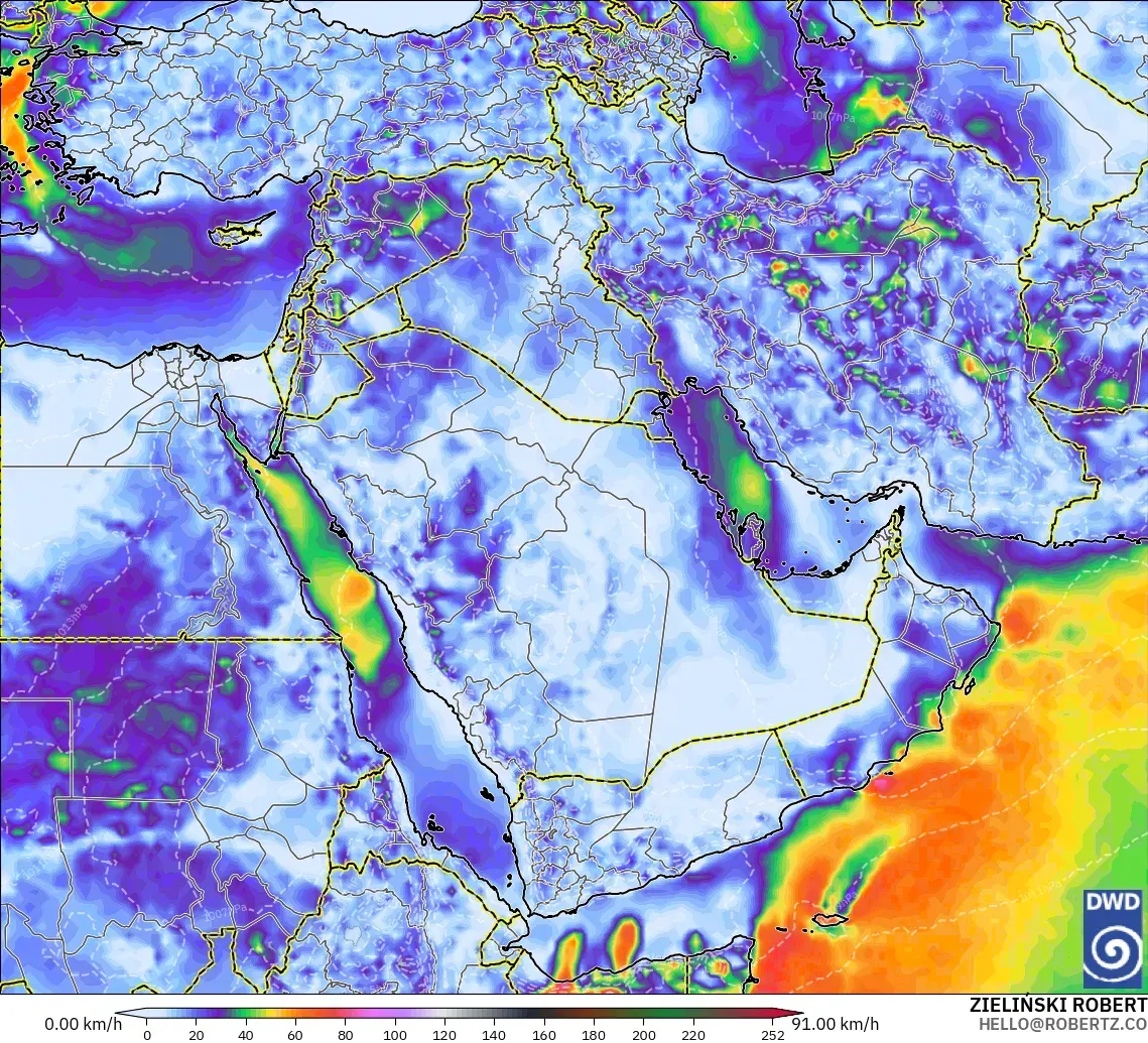 ICON modelo - Oriente Medio, Ráfagas de Viento Máximas