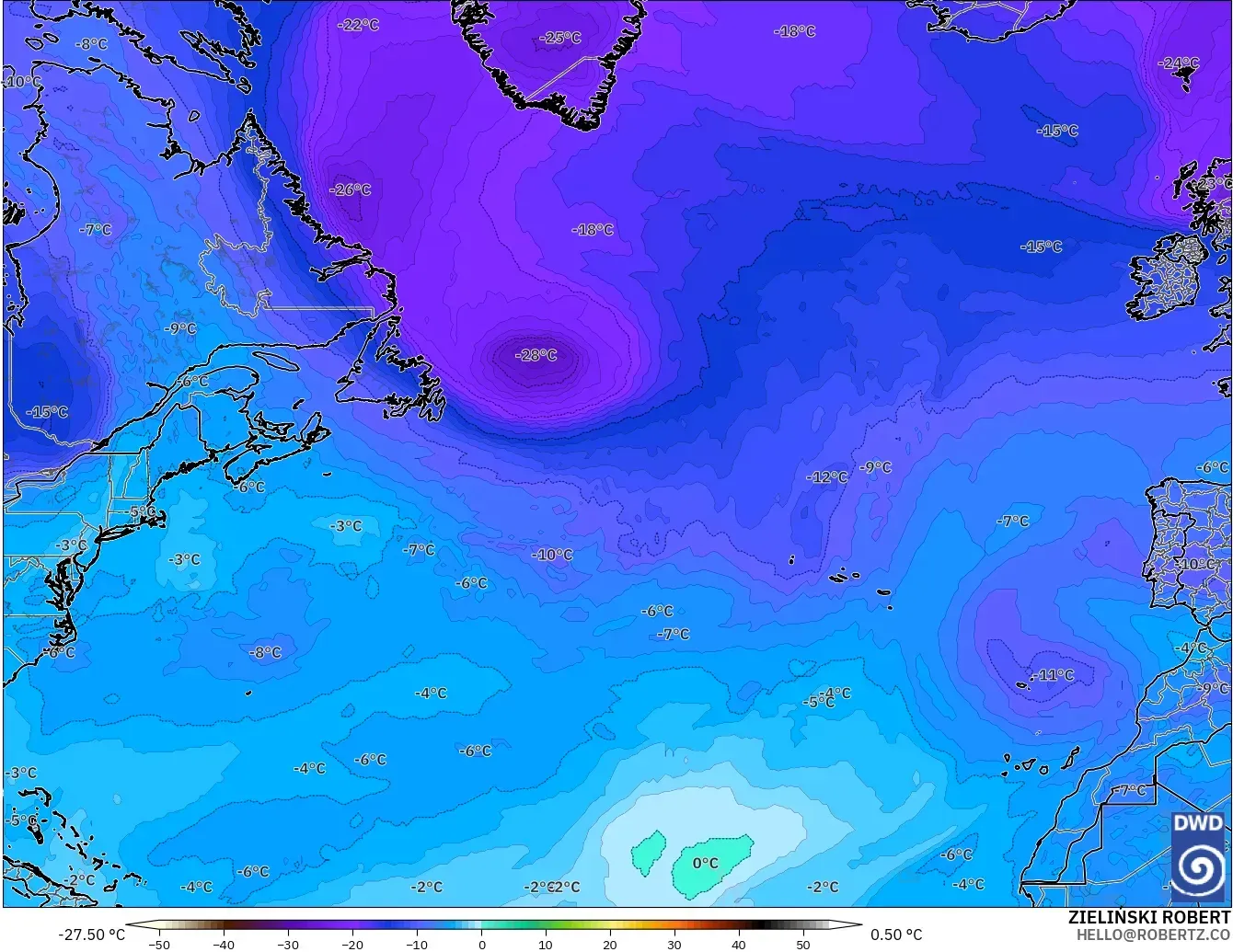 ICON modelo - Norte Atlántico, Temperatura a 500 hPa