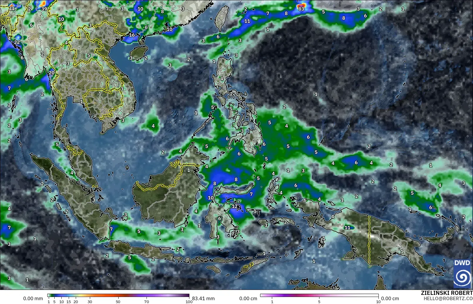 ICON modelo - Sudeste Asiático, Precipitación, nubes y presión