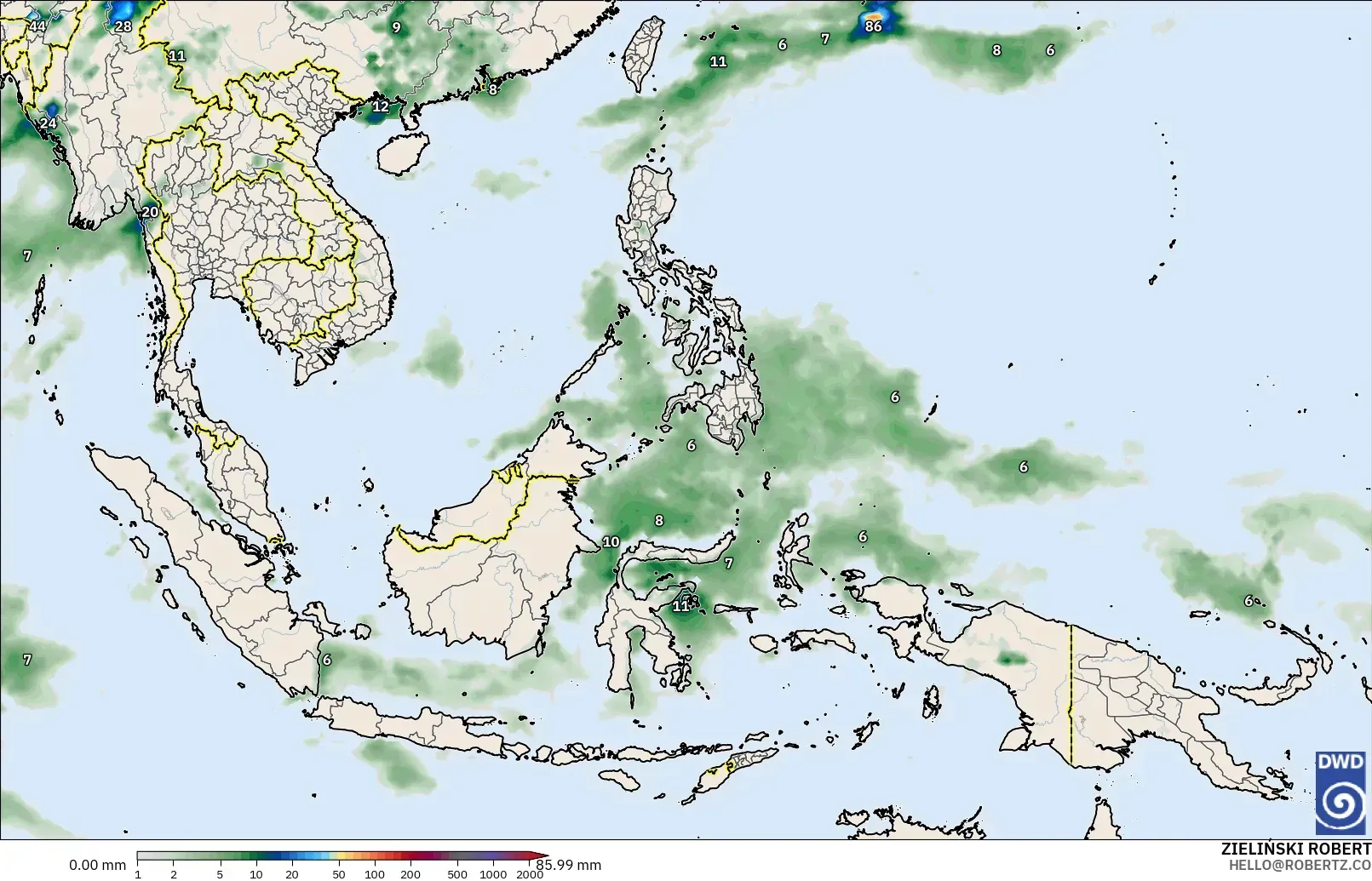 ICON modelo - Sudeste Asiático, Acumulación de precipitación