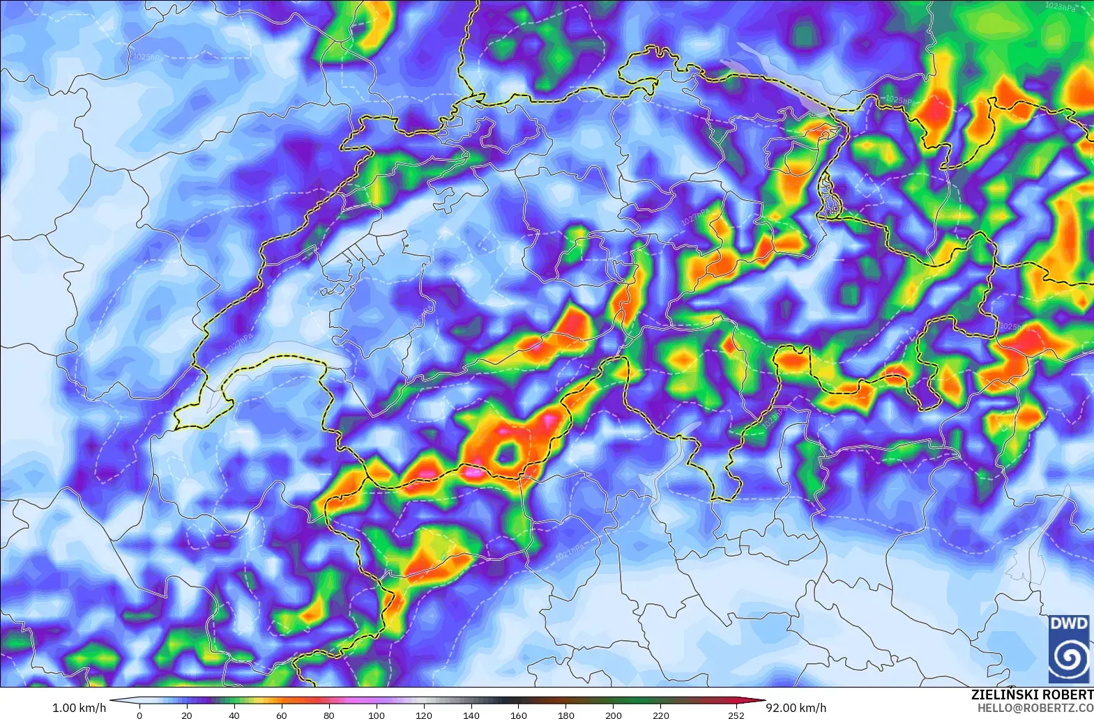 ICON modelo - Suiza, Ráfagas de Viento Máximas