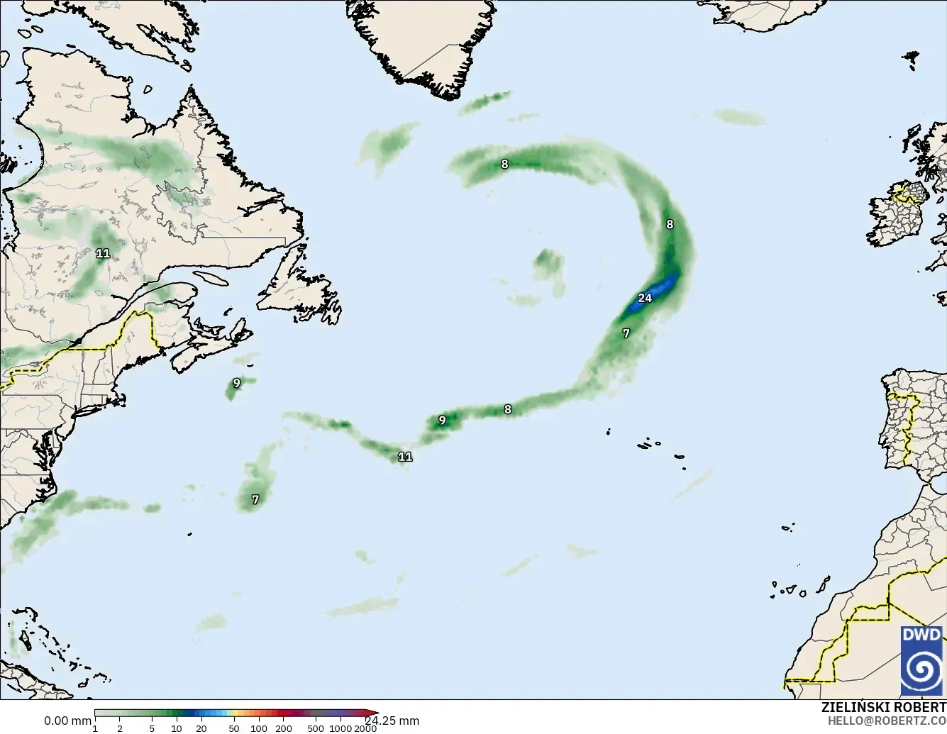 ICON modelo - Norte Atlántico, Acumulación de precipitación