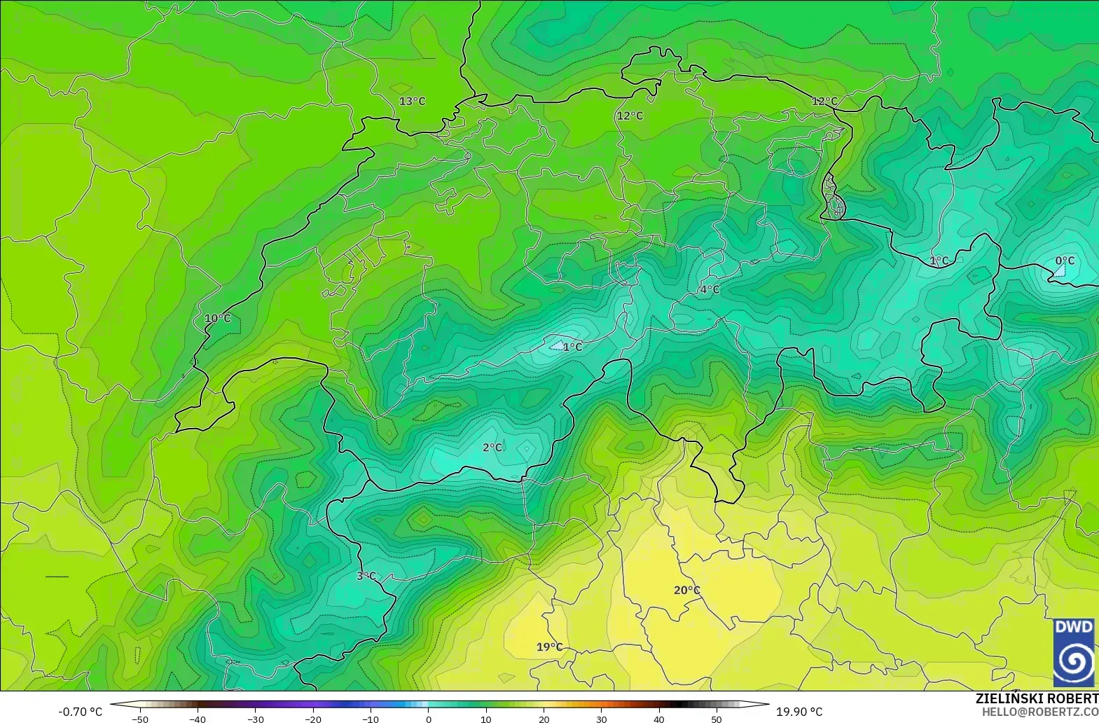 ICON modelo - Suiza, Temperatura a 850 hPa