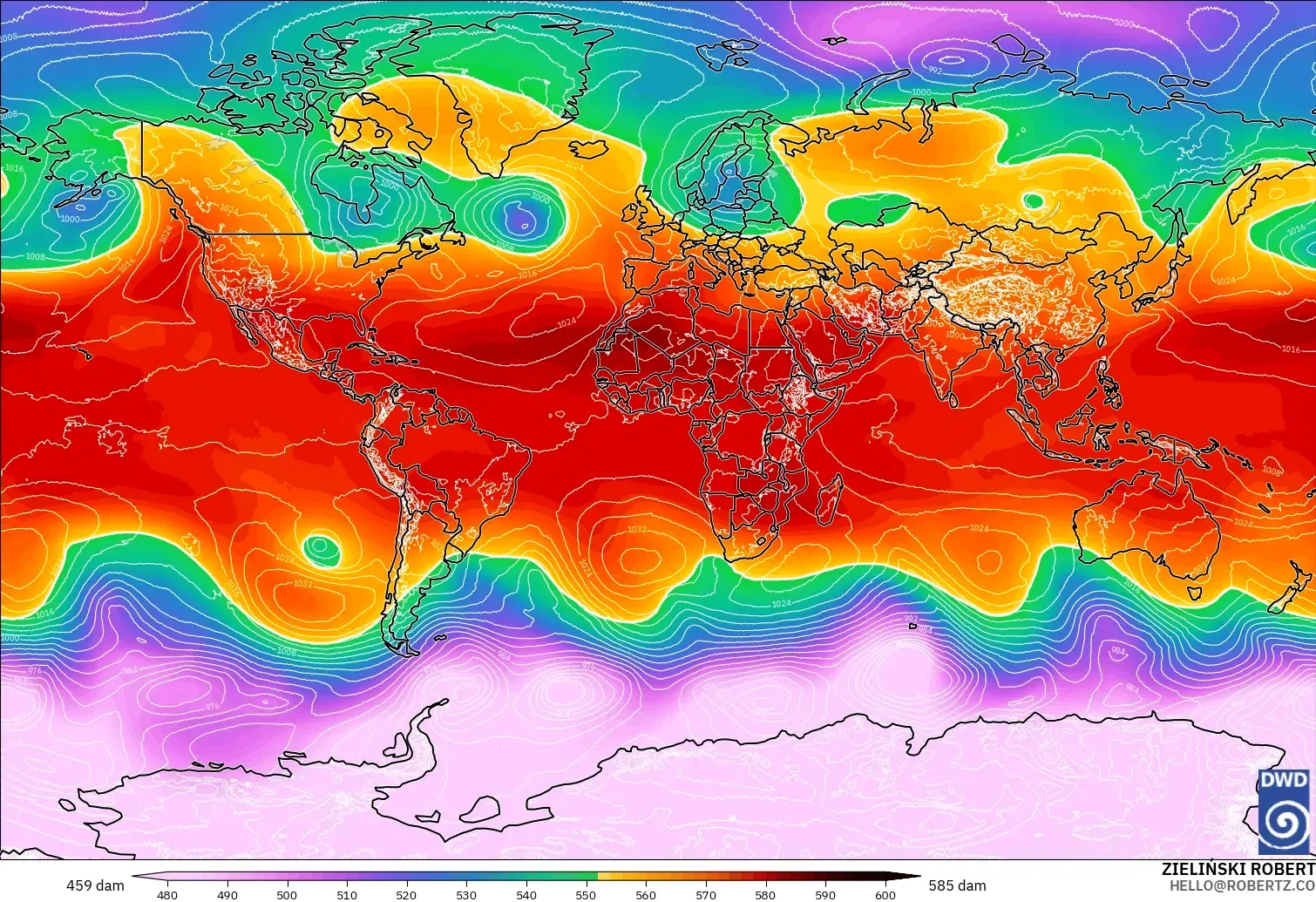 ICON modelo - Mundo, Altura geopotencial a 500 hPa