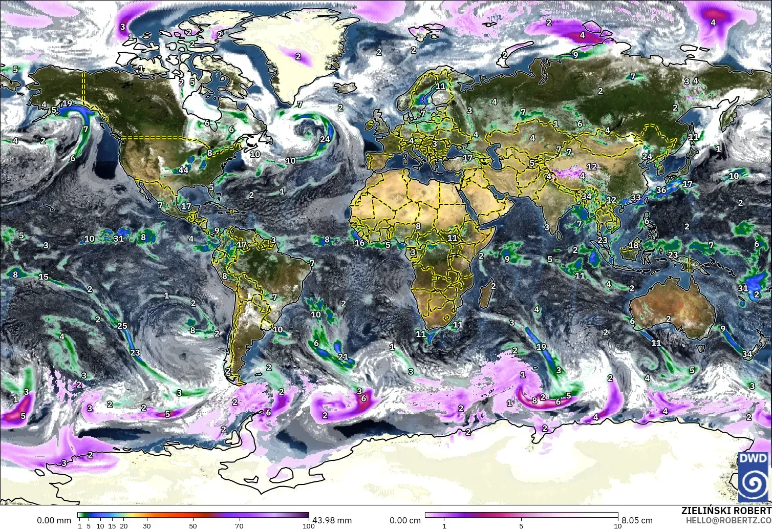 ICON modelo - Mundo, Precipitación, nubes y presión