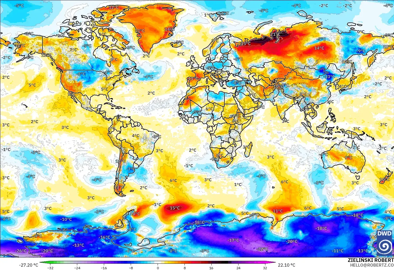 ICON modelo - Mundo, Anomalía de temperatura a 2 m