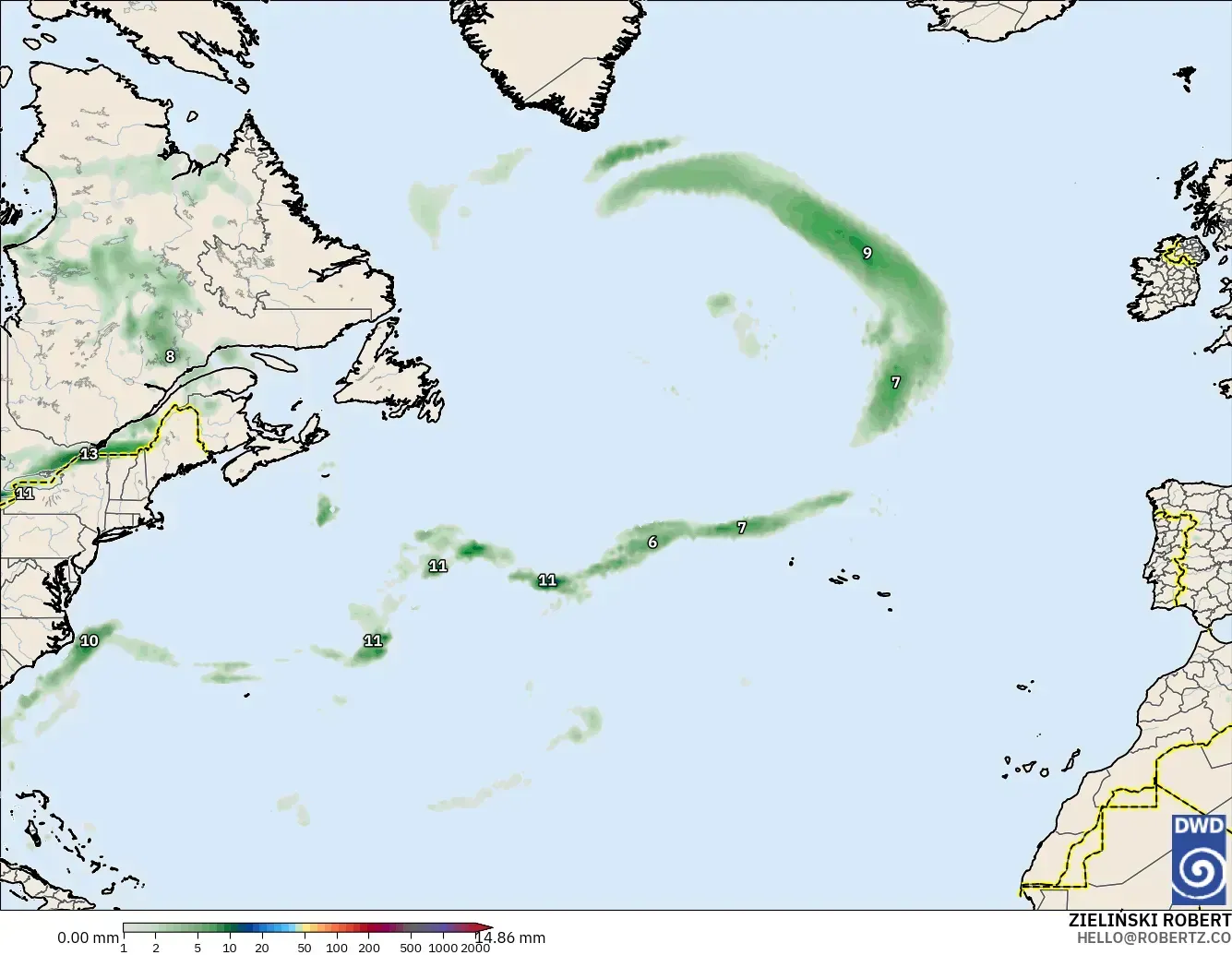 ICON modelo - Norte Atlántico, Acumulación de precipitación