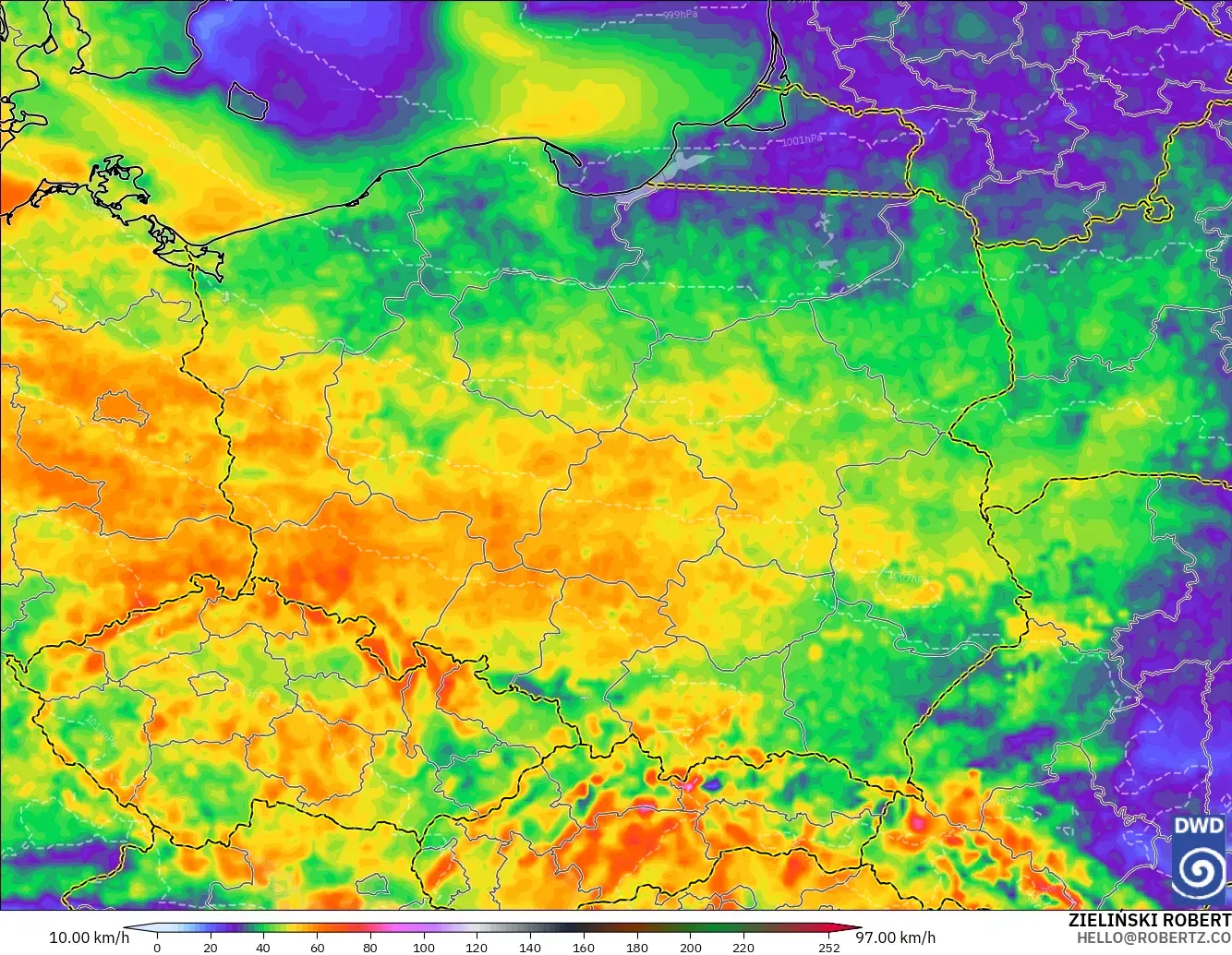 ICON modelo - Polonia, Ráfagas de viento