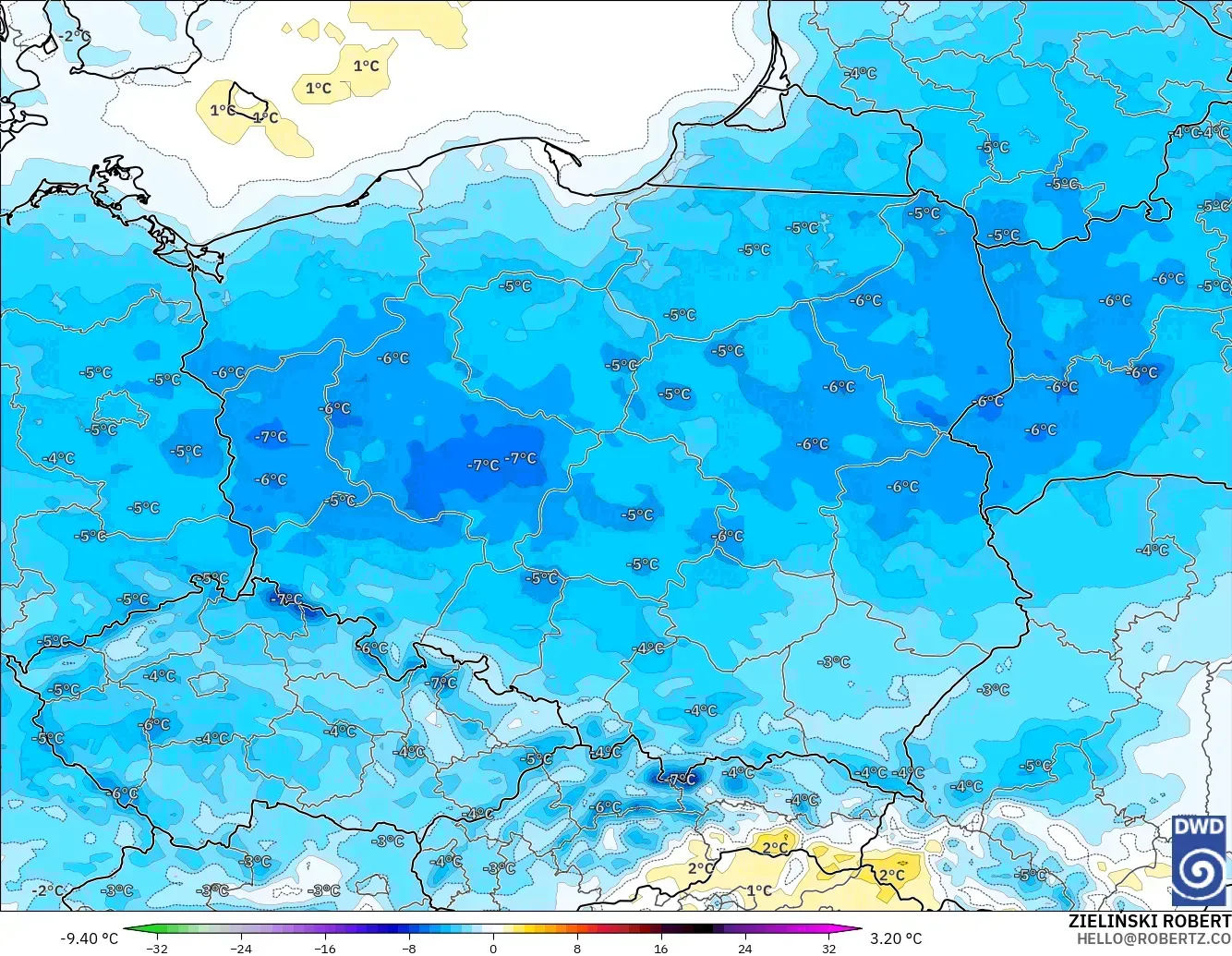 ICON modelo - Polonia, Anomalía de temperatura a 2 m