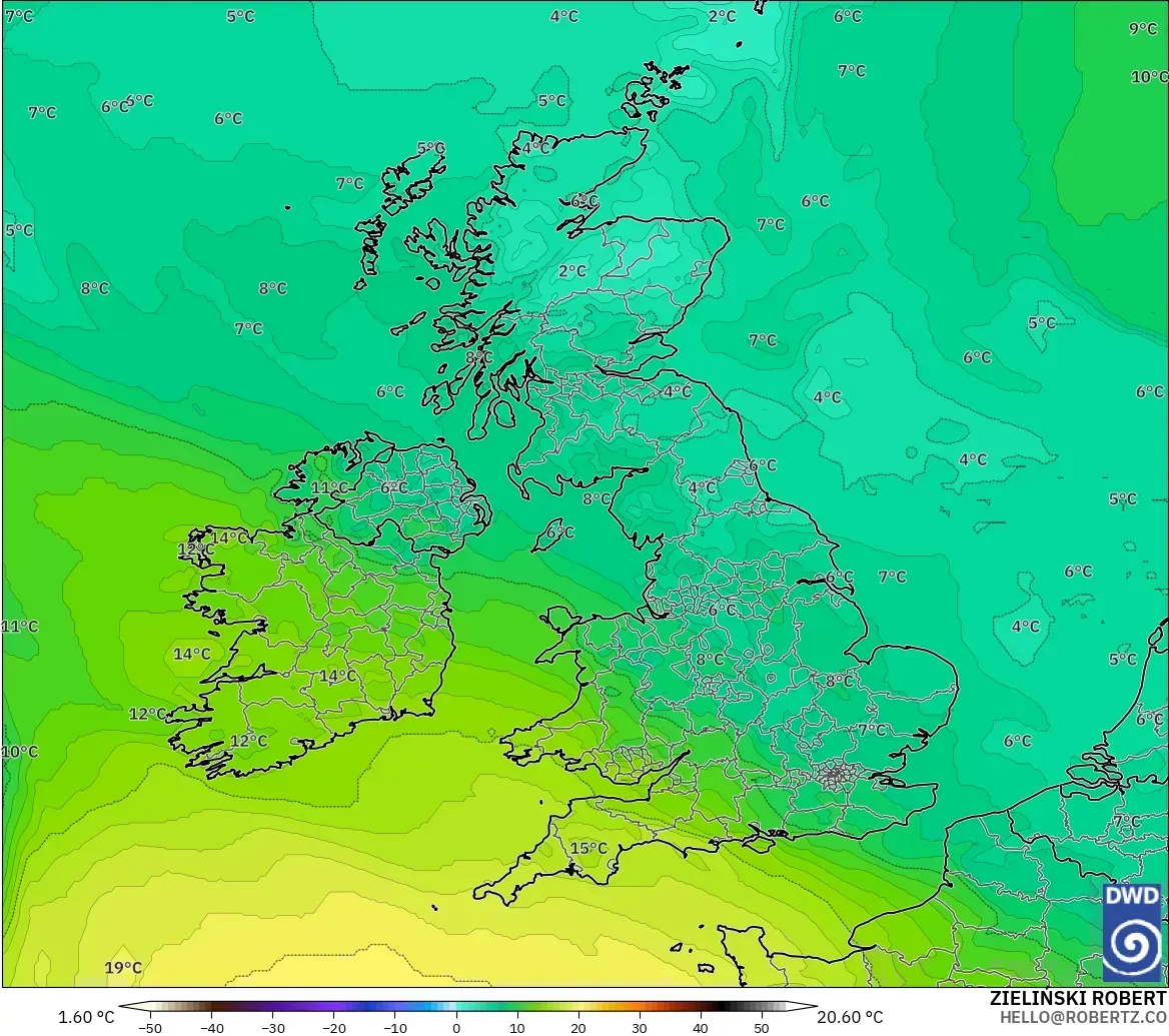 ICON modelo - Reino Unido, Temperatura a 850 hPa