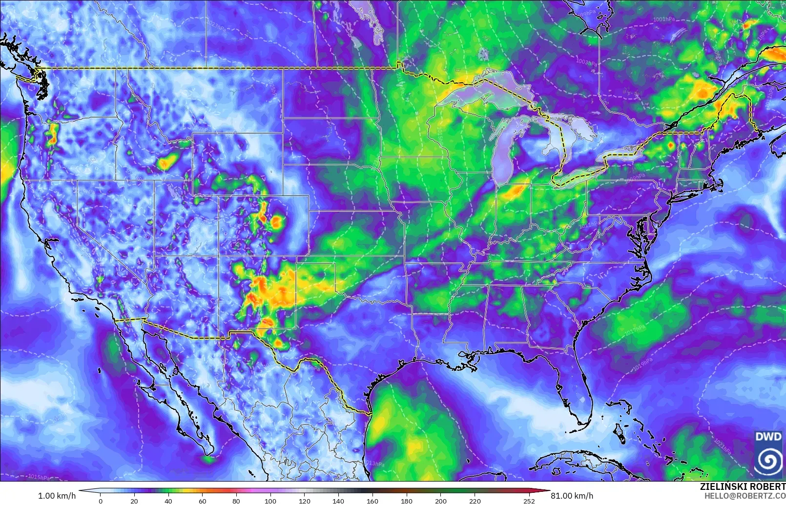 ICON modelo - Estados Unidos, Ráfagas de viento