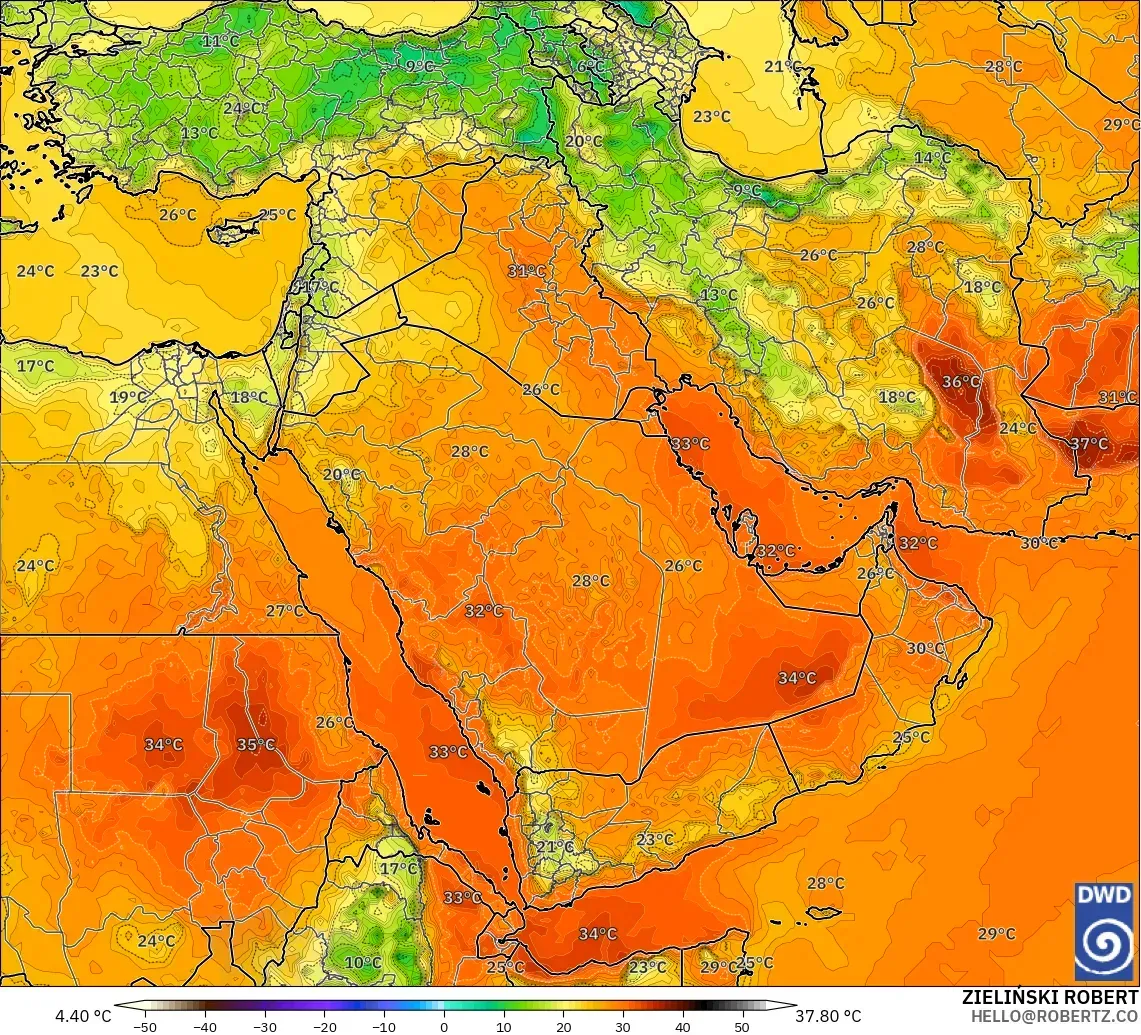 ICON modelo - Oriente Medio, Temperatura a 2 m