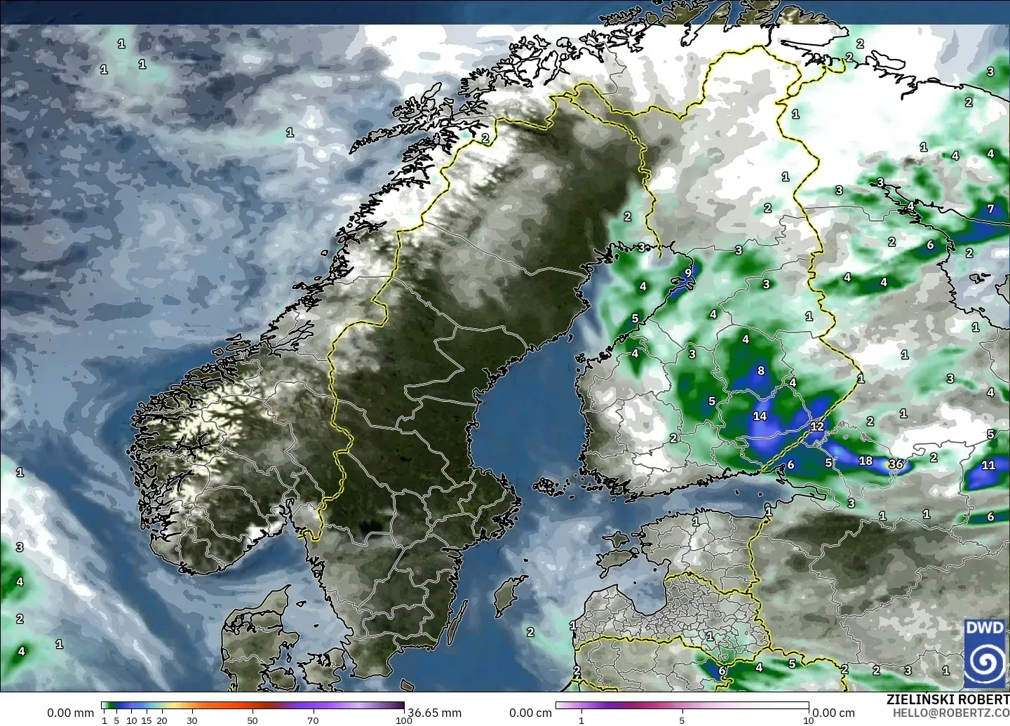 ICON modelo - Escandinavia, Precipitación, nubes y presión