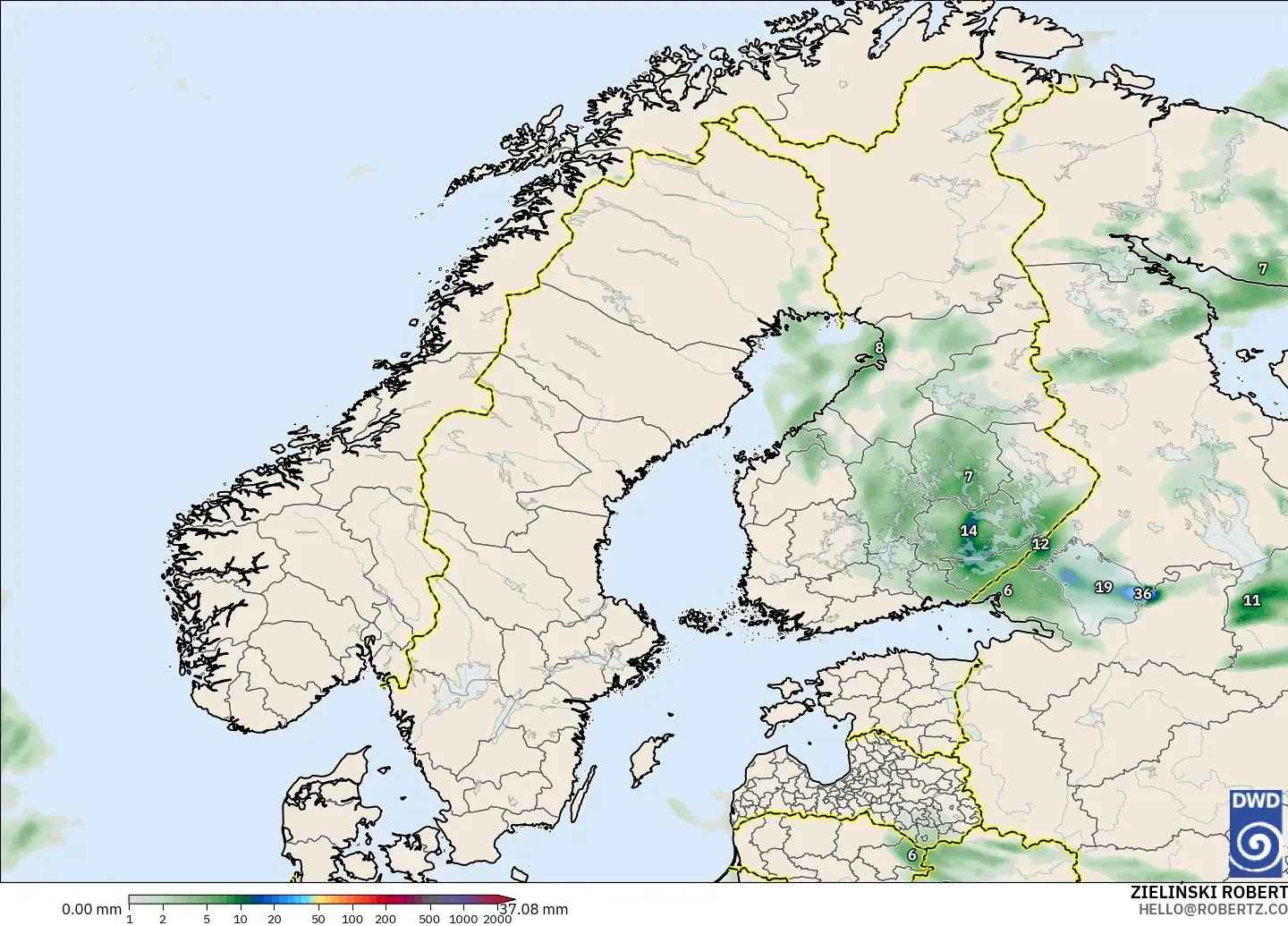 ICON modelo - Escandinavia, Acumulación de precipitación