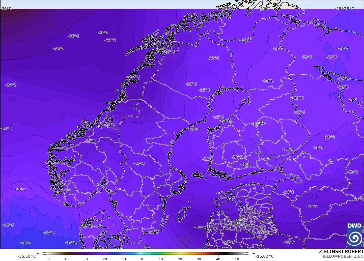 ICON modelo - Escandinavia, Temperatura a 500 hPa