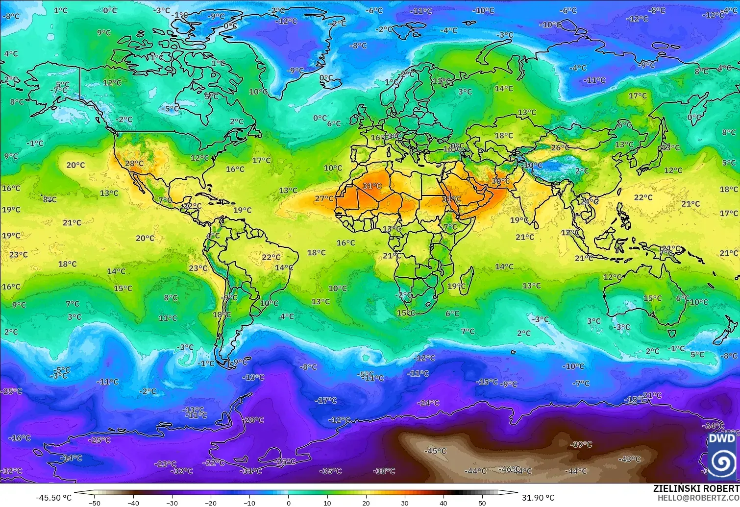 ICON modelo - Mundo, Temperatura a 850 hPa
