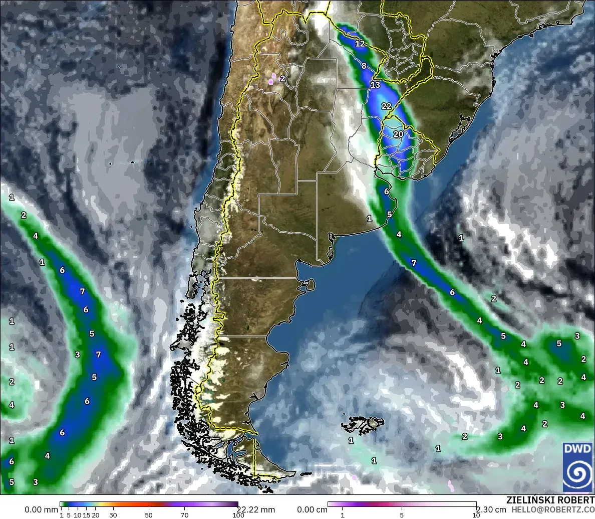 ICON modelo - Argentina, Precipitación, nubes y presión