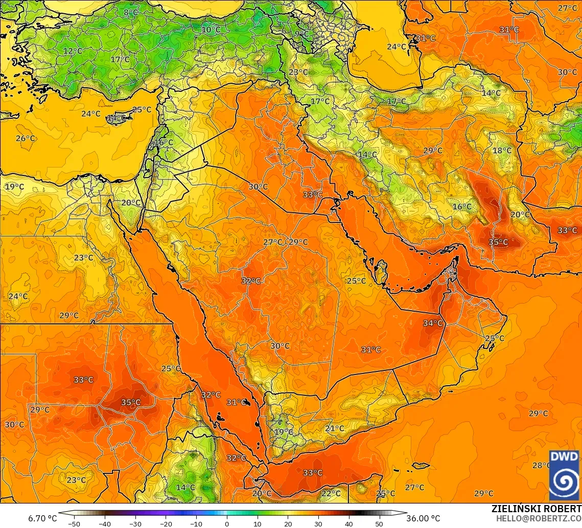 ICON modelo - Oriente Medio, Temperatura a 2 m