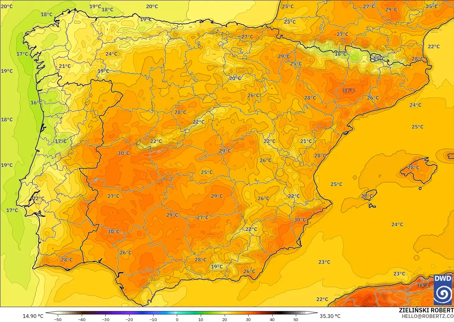 ICON modelo - España, Temperatura a 2 m