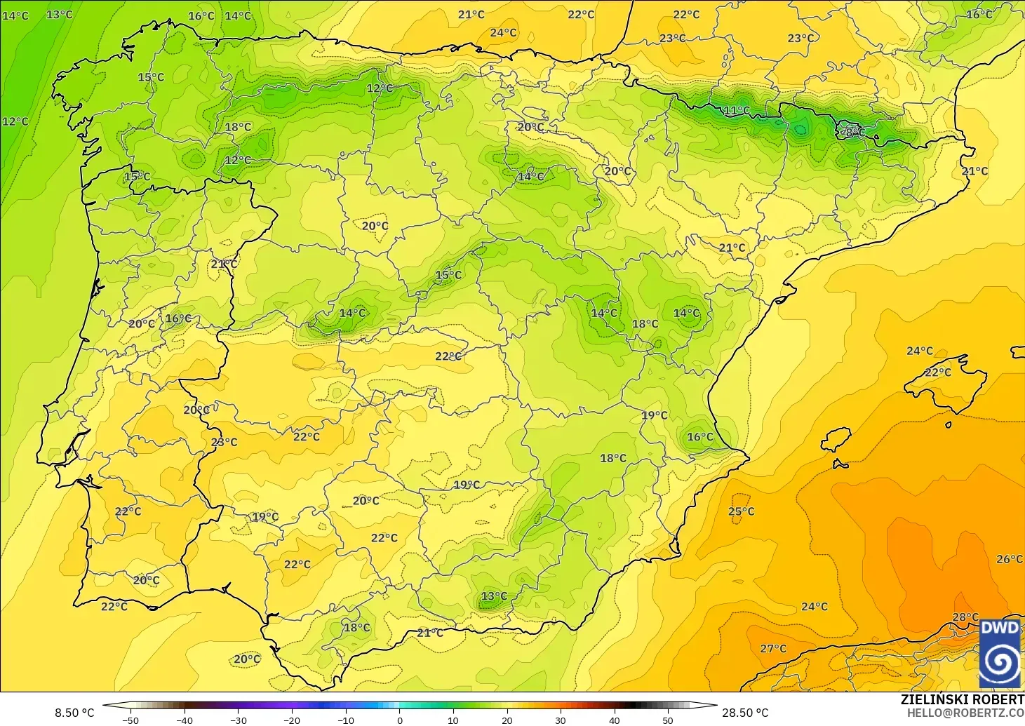 ICON modelo - España, Temperatura a 850 hPa